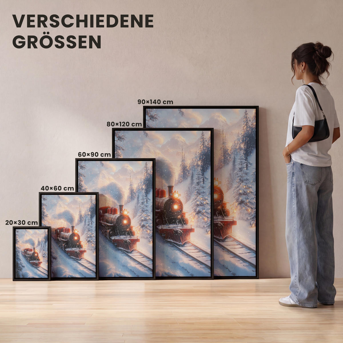 LEINWAND Bilder mit Rahmen - Weihnachtszug - Schnee - Winter - Weihnachten - 100x150 - Dunkelrot, Textil (100/150cm) - MuchoWow