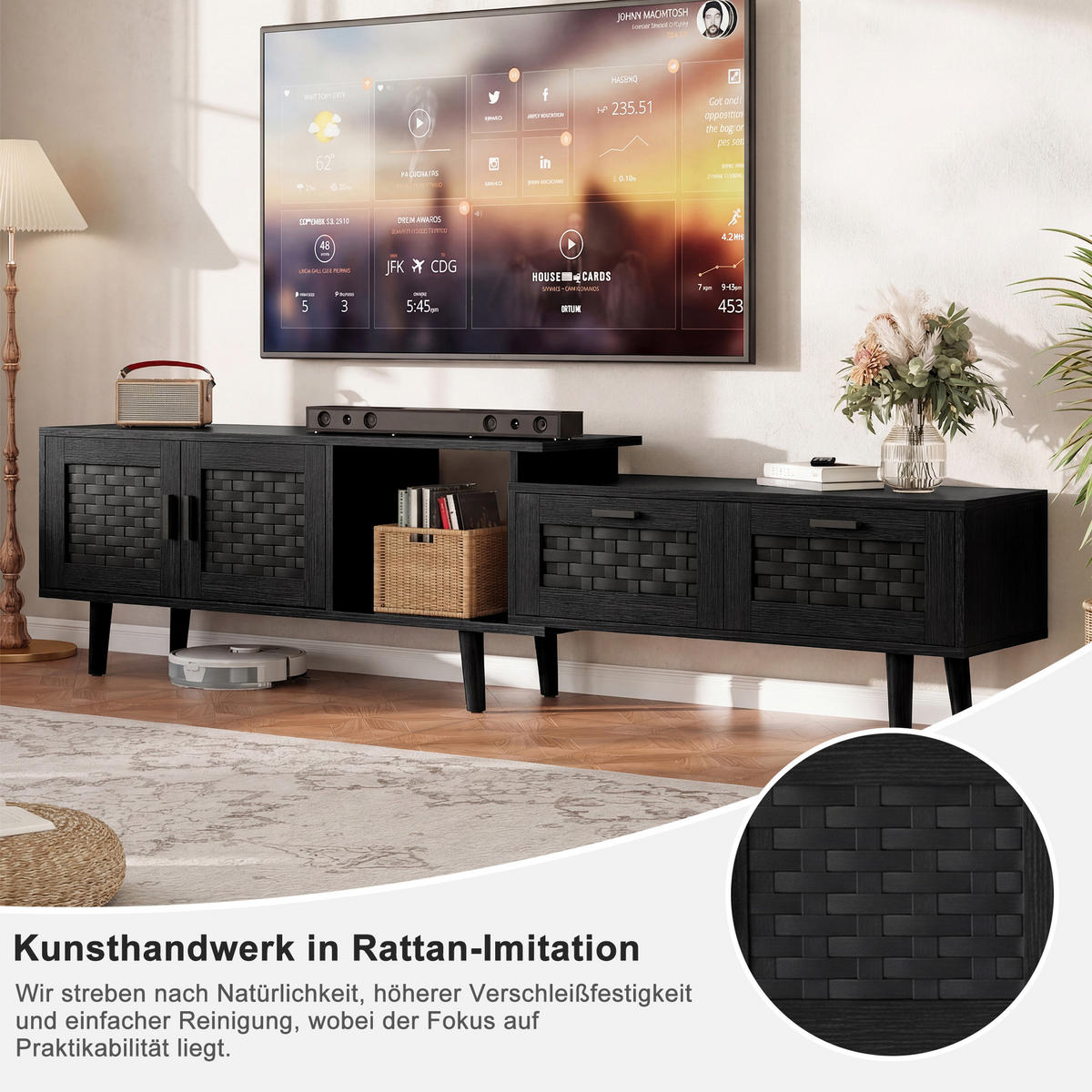 TV LOWBOARD ausziehbar 146–180 cm 2 Türen 2 Schubladen schwarz - Schwarz, Holz (180/44/29.8cm) - LEBENLANG