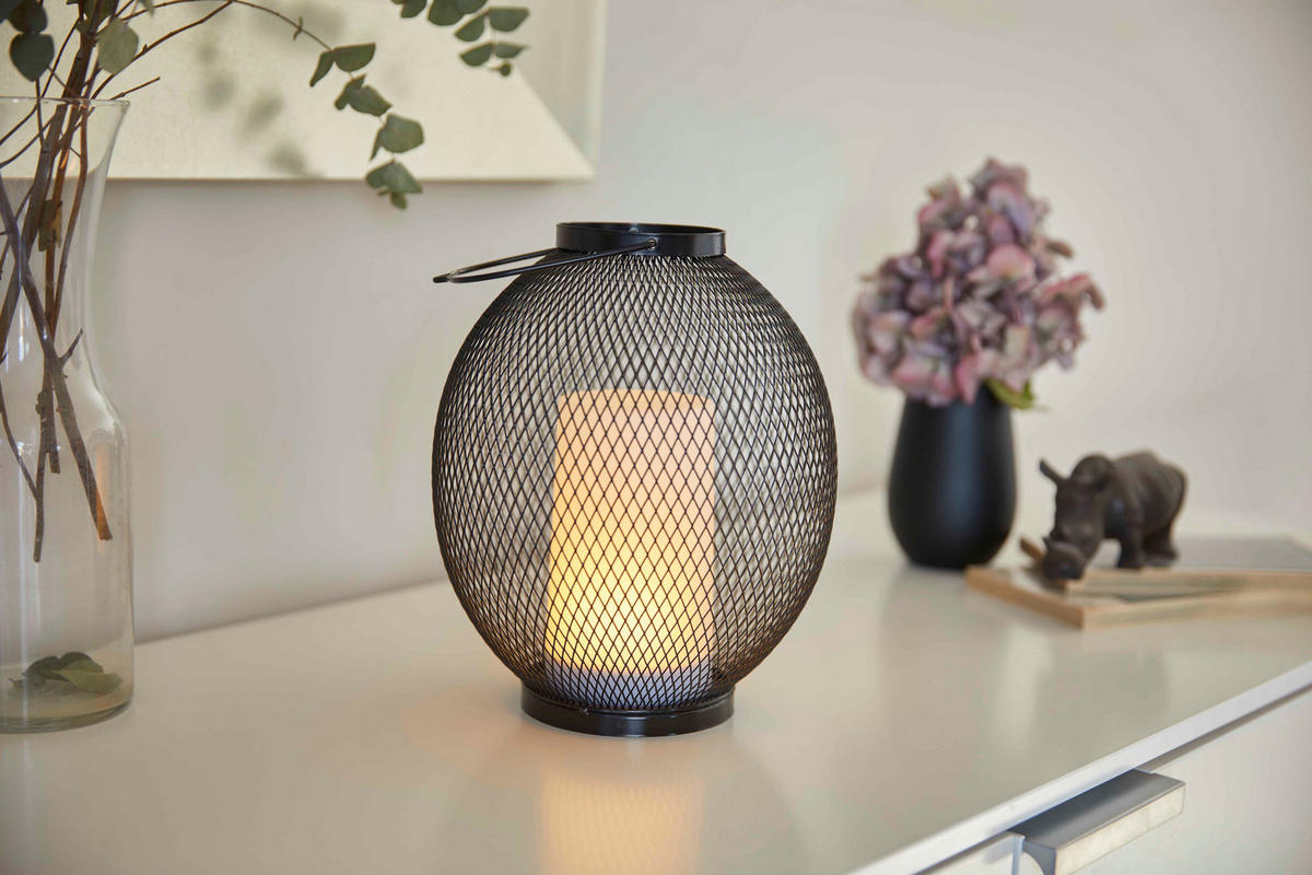 LED-LATERNE Timer & Flackereffekt batteriebetrieben Metall Ø 19 x 23 cm für Innen & Außen Oval - Schwarz, Metall (19/19/23cm) - Northpoint