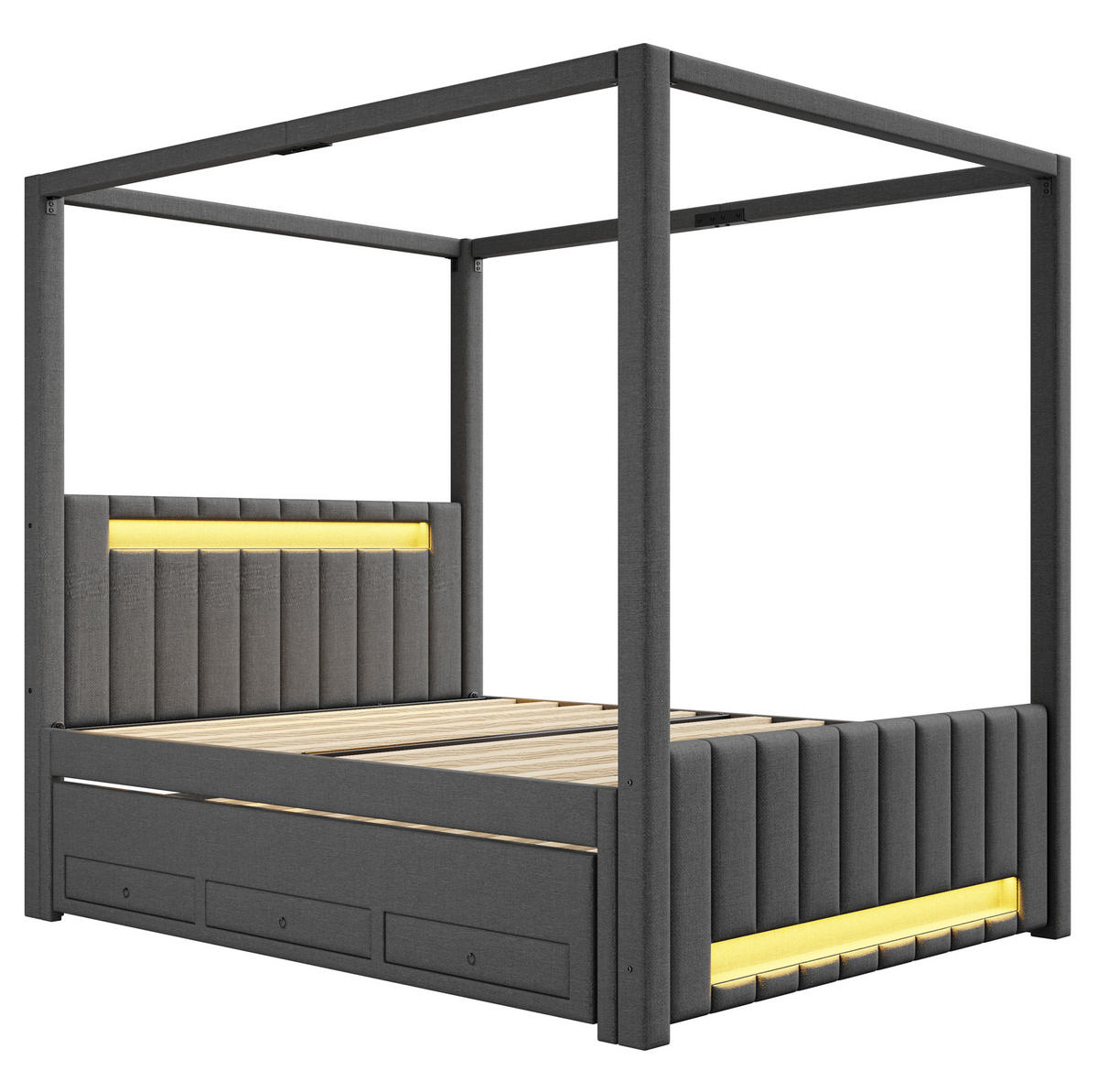 KREVET 140/200 cm s izvlačnim krevetom, LED osvjetljenjem i tri ladice, Siva - siva, tekstil (140/200cm) - Redom