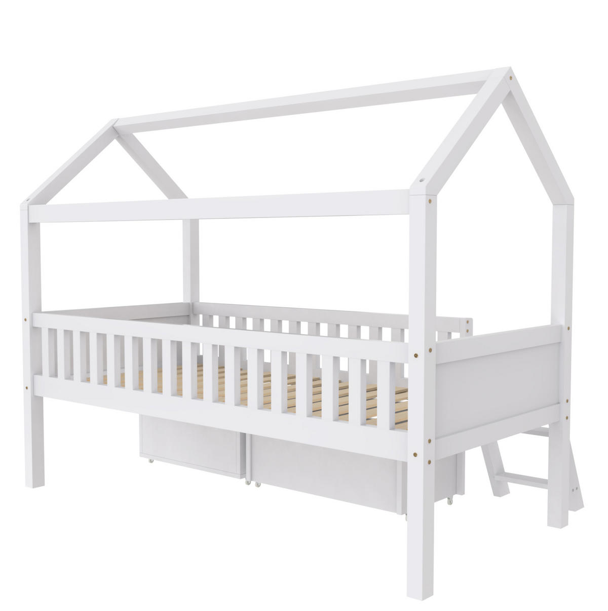 KINDERBETT 90/200 cm im Baumhausstil mit Treppe, Geländer, Schubladen und Schrank aus Kiefern, Weiß - Weiß, Holzwerkstoff (90/200cm) - Redom