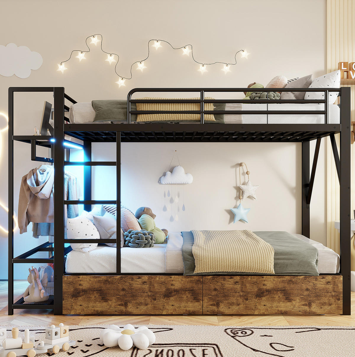 ETAGENBETT 140/200 cm Schwarz mit LED-Beleuchtung und 2 Schubladen - Schwarz, Metall (140/200cm) - Flora Grace