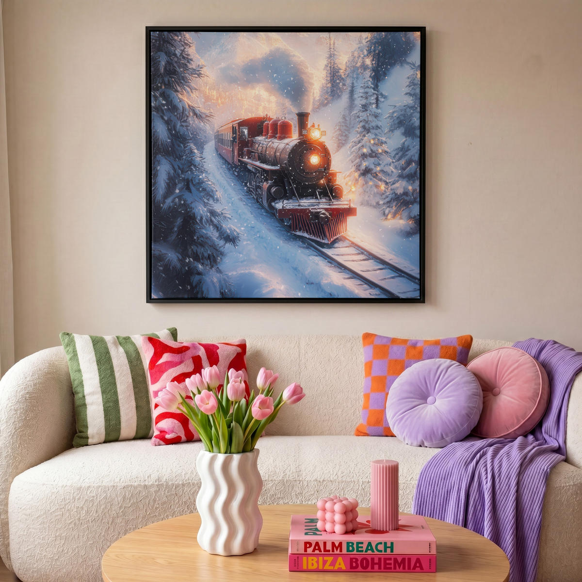 LEINWAND Bilder mit Rahmen - Weihnachtszug - Schnee - Winter - Weihnachten - 90x90 - Dunkelrot, Textil (90/90cm) - MuchoWow