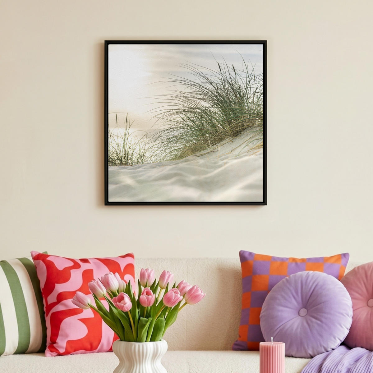 LEINWAND Bilder mit Rahmen - Dünen mit Strandhafer in der Sonne des Nationalparks Schleswig-Holsteinisches Wattenmeer - 50x50 - Creme, Textil (50/50cm) - MuchoWow