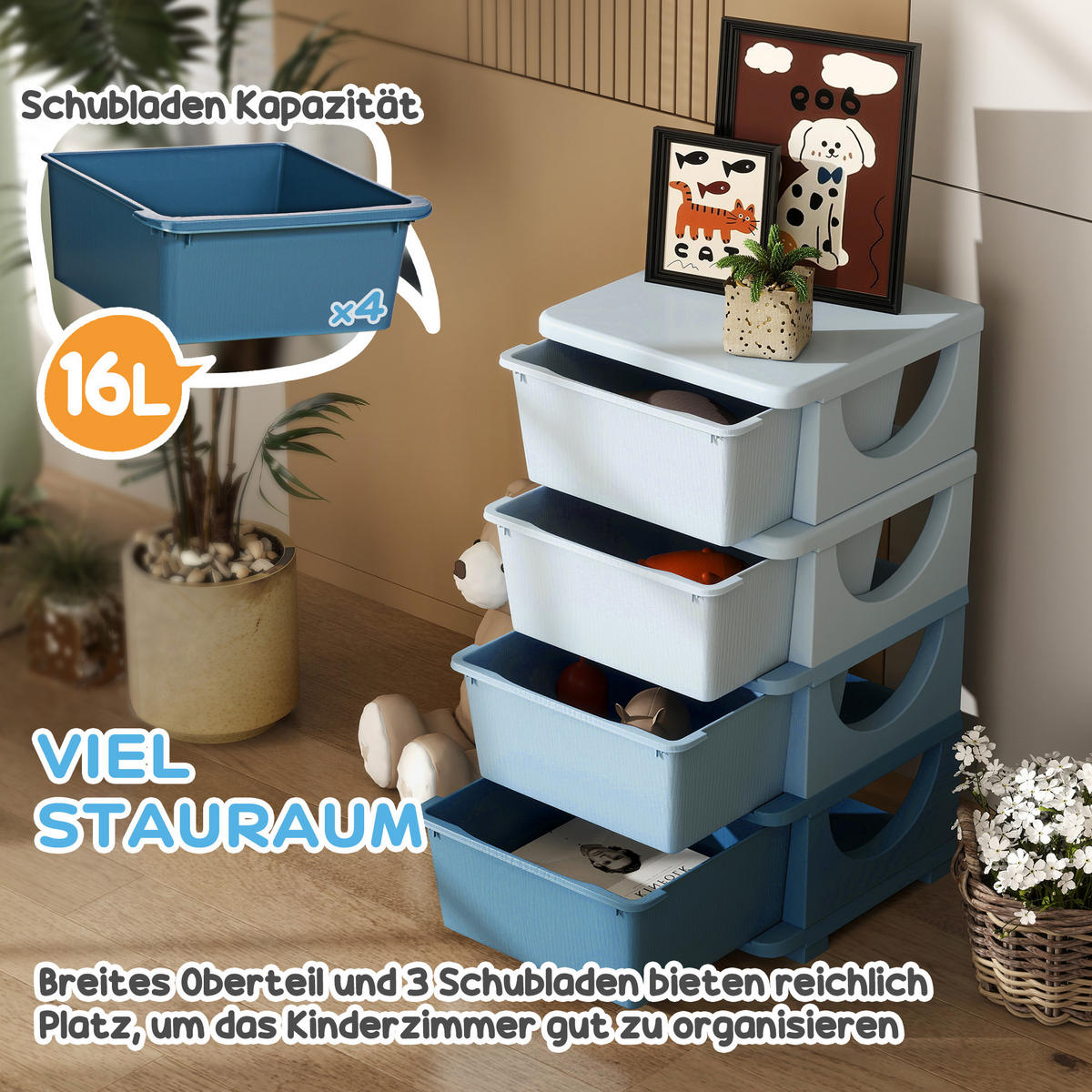 AUFBEWAHRUNGSBOXEN für Kinder, 4 große Schubladen, Kunststoff, Blau - Blau, Kunststoff (37/76/37cm) - HOMCOM