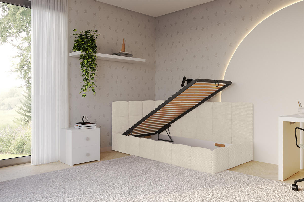 EINZELBETT Jugendbett mit Bettkasten Rechts, ohne Matratze - LIVY 80x200 Beige - Sandfarben, Holzwerkstoff/Textil (80/200cm) - ALTDECOR