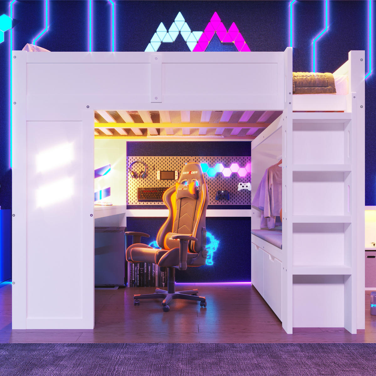 HOCHBETT 140x200cm Weiß Gaming Schreibtisch LED-Licht USB-C - Weiß, Holz (140/200cm) - FLIEKS