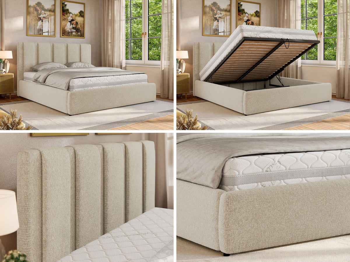 POLSTERBETT SAVINO CLASSIC 160/200 - Creme Struktur - Multipocket-Matratze - Creme, Textil (160/200cm) - MKS