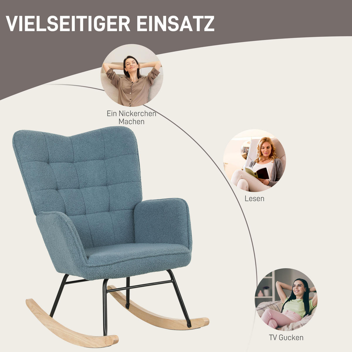 SCHAUKELSTUHL Sessel Relaxsessel bis 120 kg, Polyester, Rosa 98x71x101cm - Naturfarben/Hellblau, Buchenholz/Textil (98/101/71cm) - HOMCOM