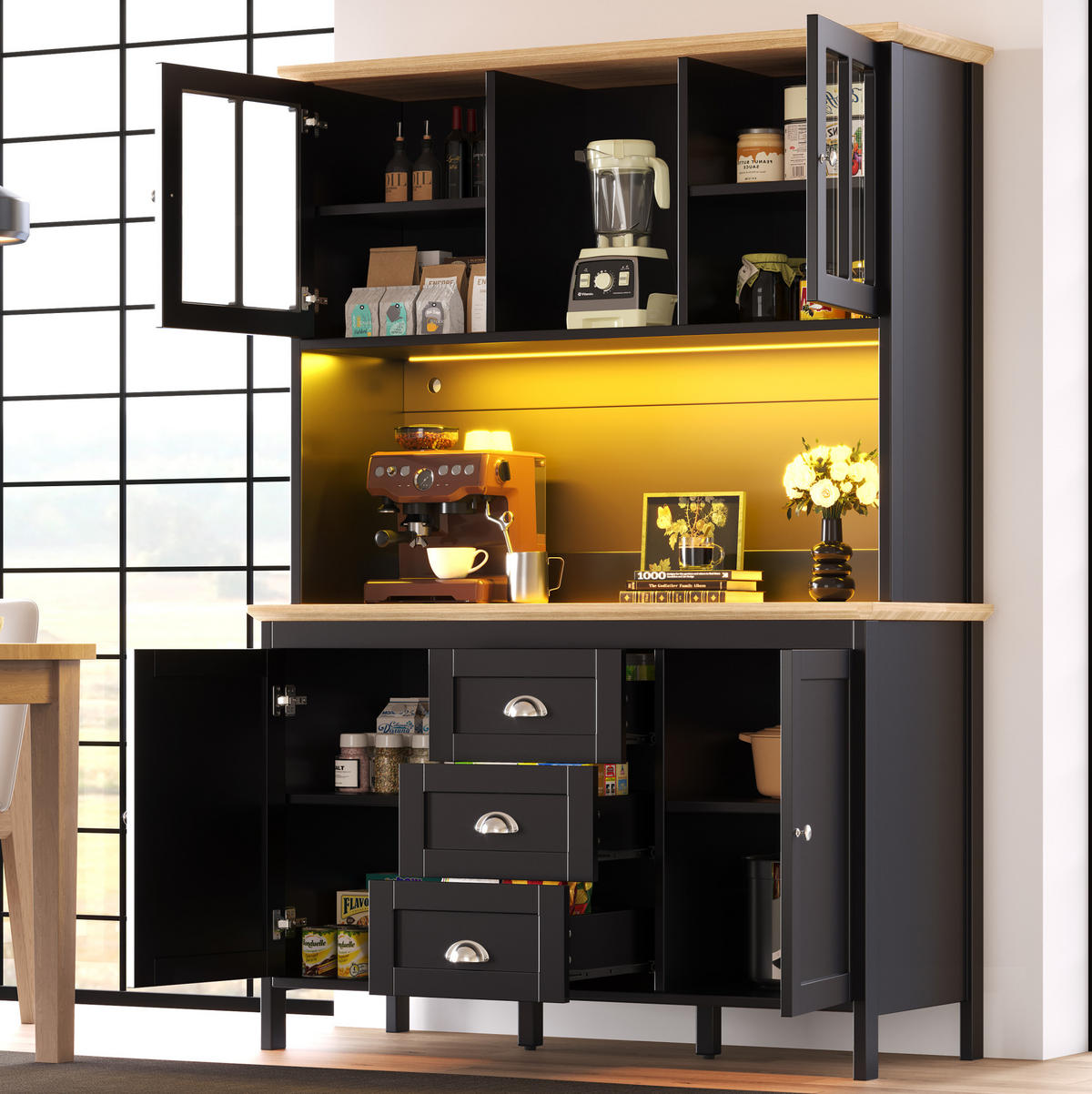 BUFFET 120/40/179 cm aus MDF und Metall mit LED-Beleuchtung Schwarz - Schwarz, Holzwerkstoff (120/179/40cm) - Modenvie