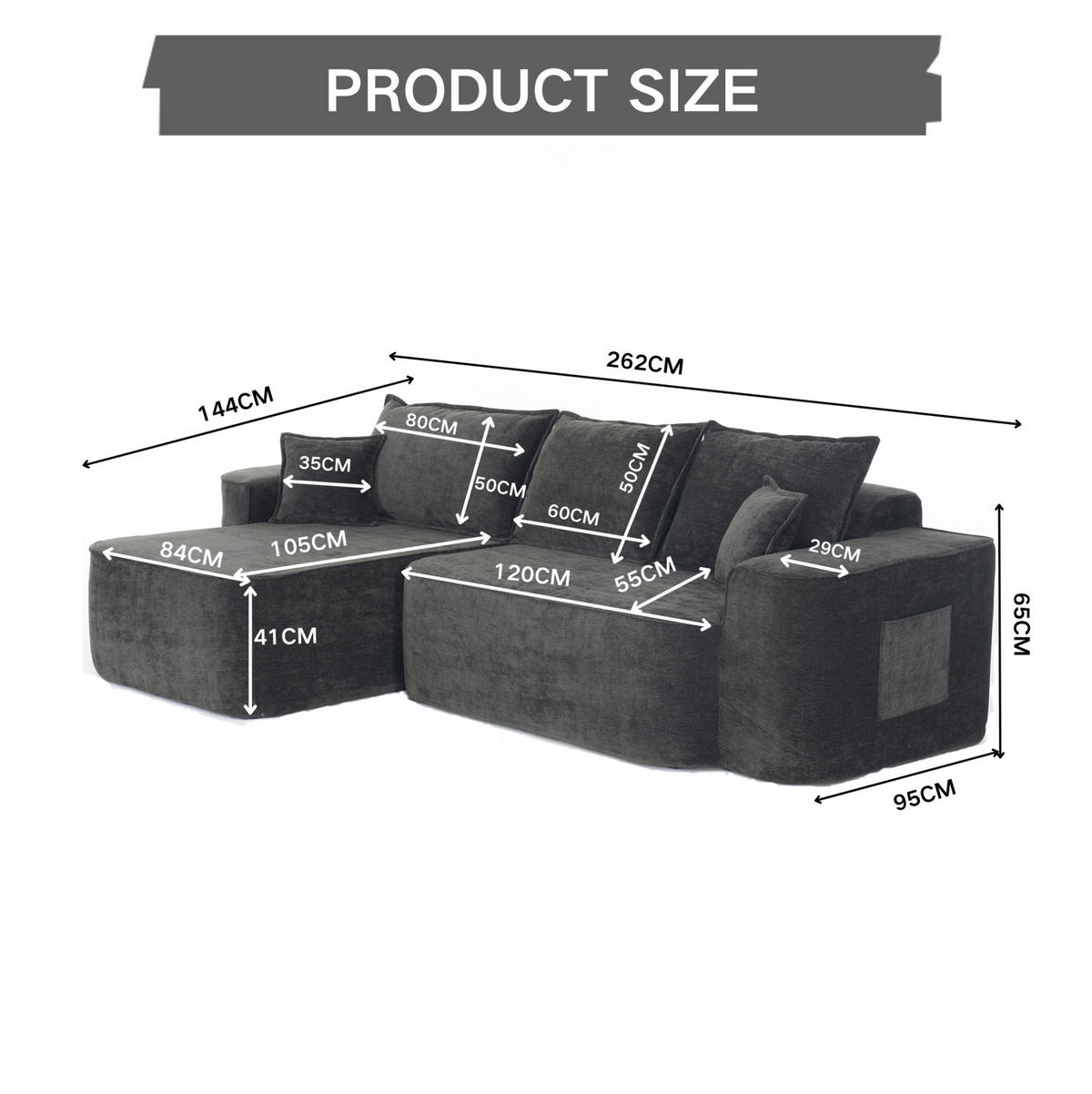 ECKSOFA aus Chenille in Schwarz mit modularem Design - Schwarz, Textil (144/65/262cm) - Modfu