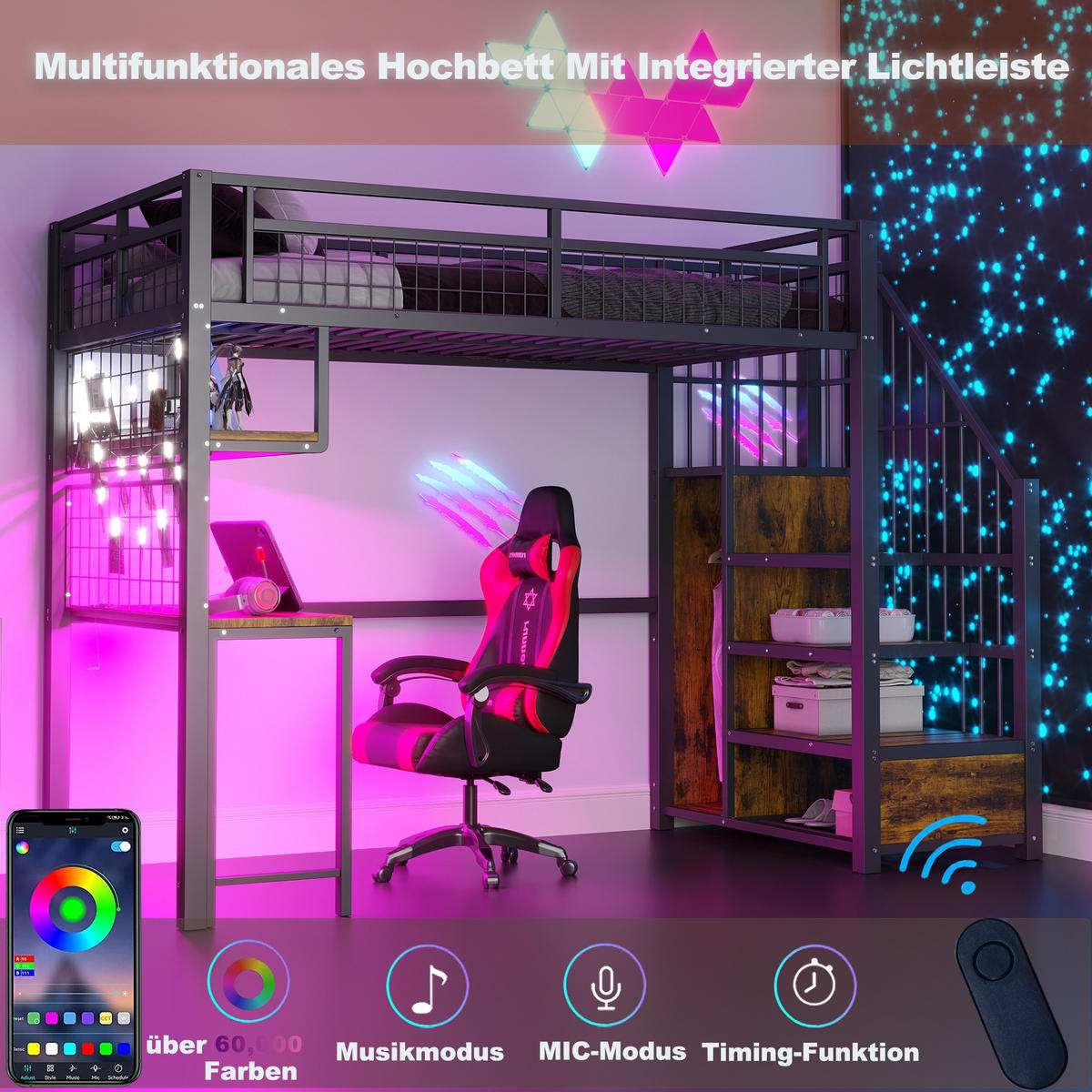 HOCHBETT 90/200 cm aus Metall und MDF mit Schreibtisch, LED-Lichtleiste und Stauraumtreppe Schwarz - Schwarz, Metall (90/200cm) - Modenvie