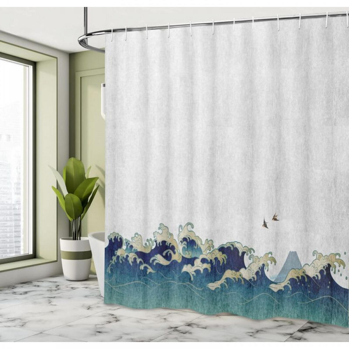 DUSCHVORHANG SET japanisch Stoff Creme Grau Blau Dekor Badezimmer mit Haken - Blau, Textil (180/180cm) - MCBOSON