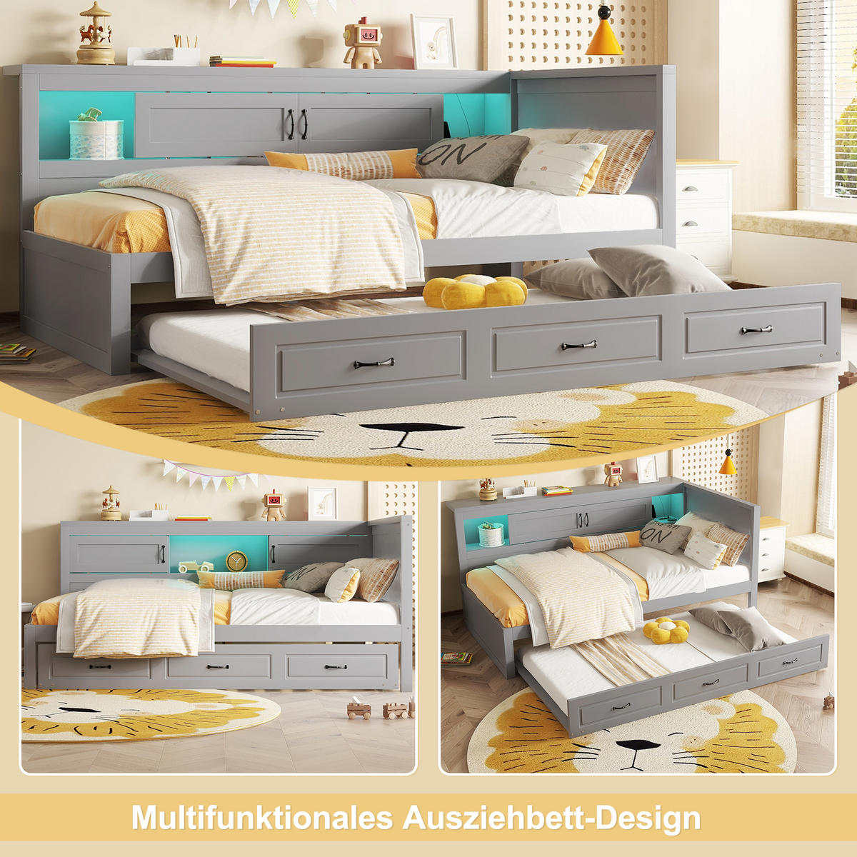 SCHLAFSOFA 90x200cm Grau LED-Licht Bettseite Staufach Ausziehbett USB - Grau, Holz (90/200cm) - FLIEKS