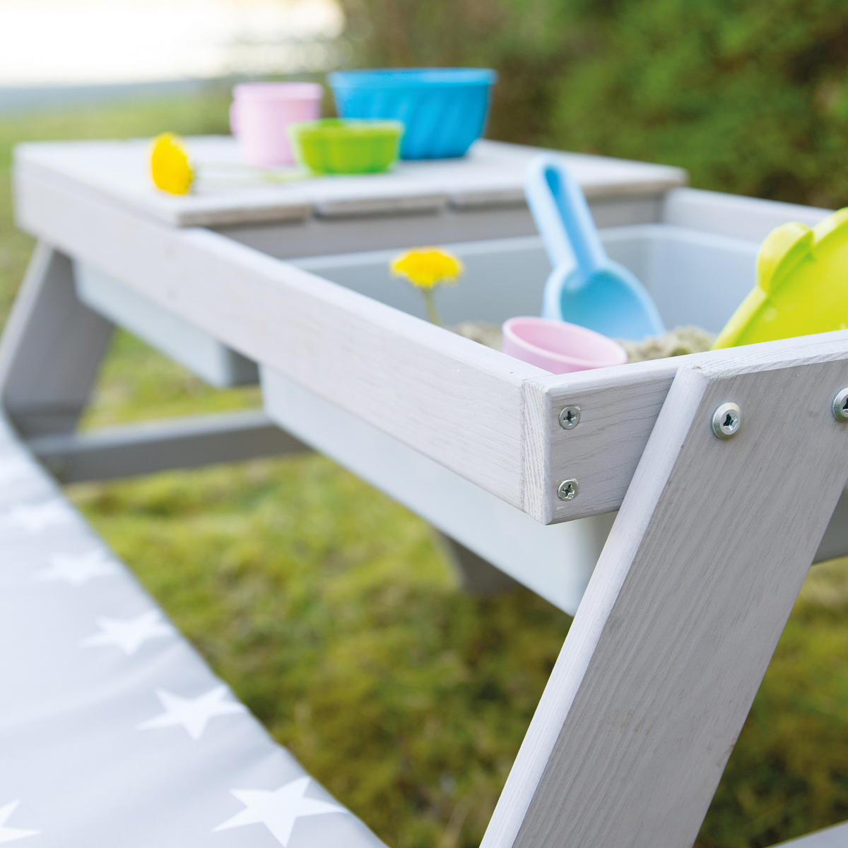 KINDERSITZGARNITUR OUTDOOR + mit Spielwannen und Bankkissen - Hellgrau, Holz - Roba