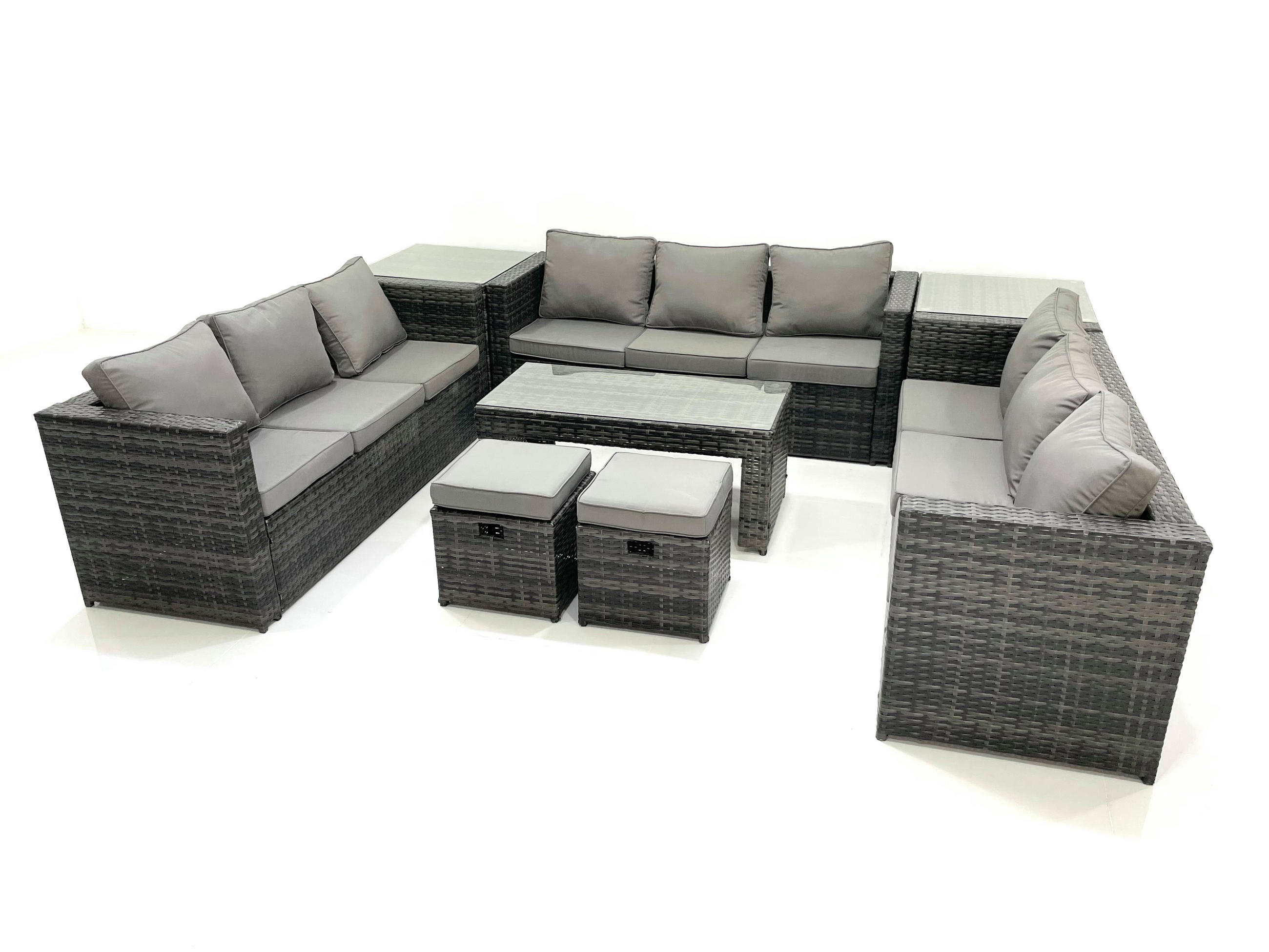 GARTENMÖBEL COUCHTISCH SET mit Sofa Polyrattan Outdoor 11-Sitzer - Dunkelgrau/Grau, Glas/Kunststoff - Fimous