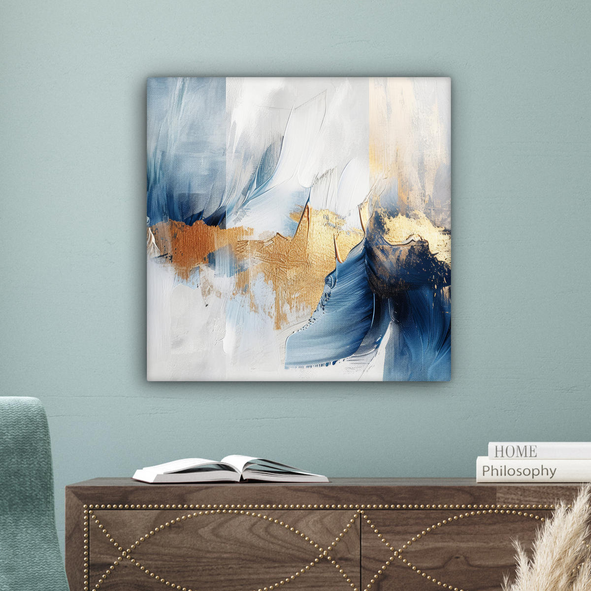 LEINWANDBILD Gold - Blau - Aquarell - Kunst - Modern 50x50 cm - Hellblau, Textil (50/50cm) - MuchoWow