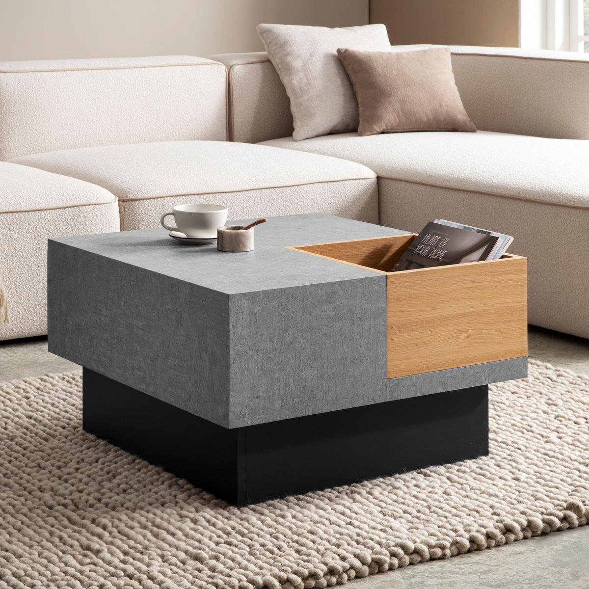 COUCHTISCH in Grau mit Beton-Optik, integriertem Stauraum, 65x65x40 cm - Schwarz/Grau, Holzwerkstoff (65/65/40cm) - KADIMA DESIGN