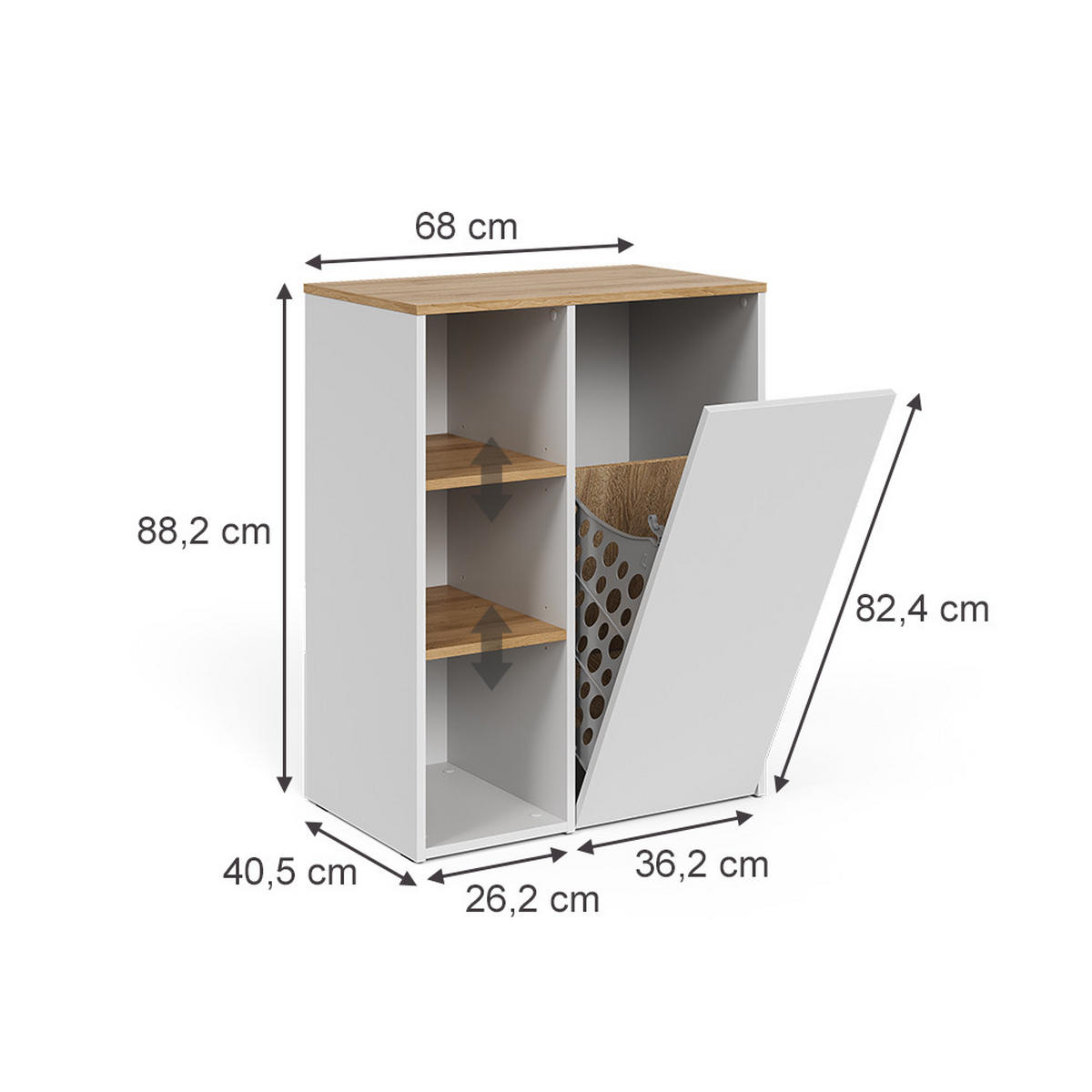 BADSCHRANK Viktor Weiß/Artisan 68 x 88.2 cm mit offenen Regalen und Wäschekorb - Weiß, Holzwerkstoff (68/88.2/40.5cm) - Vicco