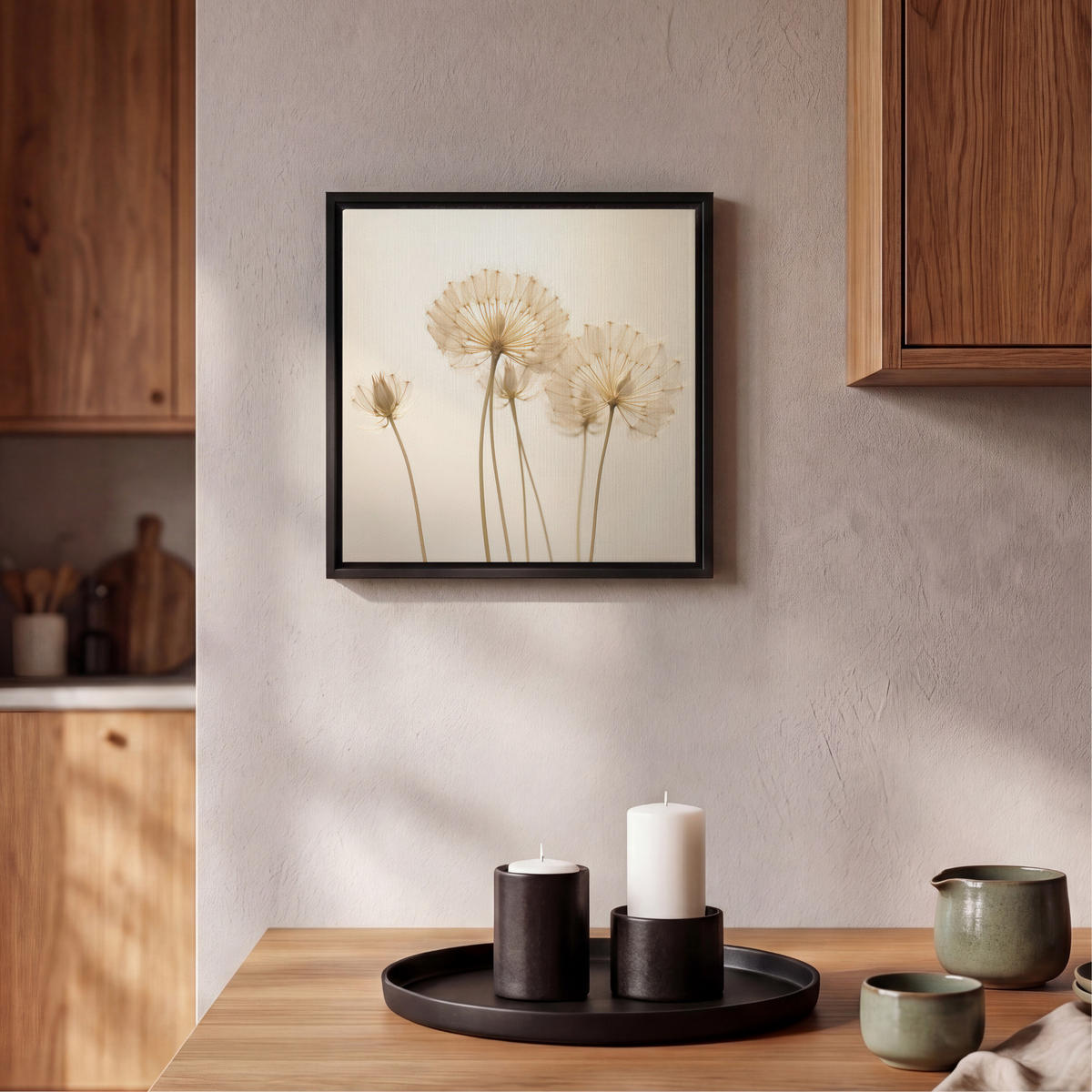 LEINWAND Bilder mit Rahmen - Sonnenlicht - Löwenzahn - Botanisch - Blumen - 20x20 - Creme, Textil (20/20cm) - MuchoWow