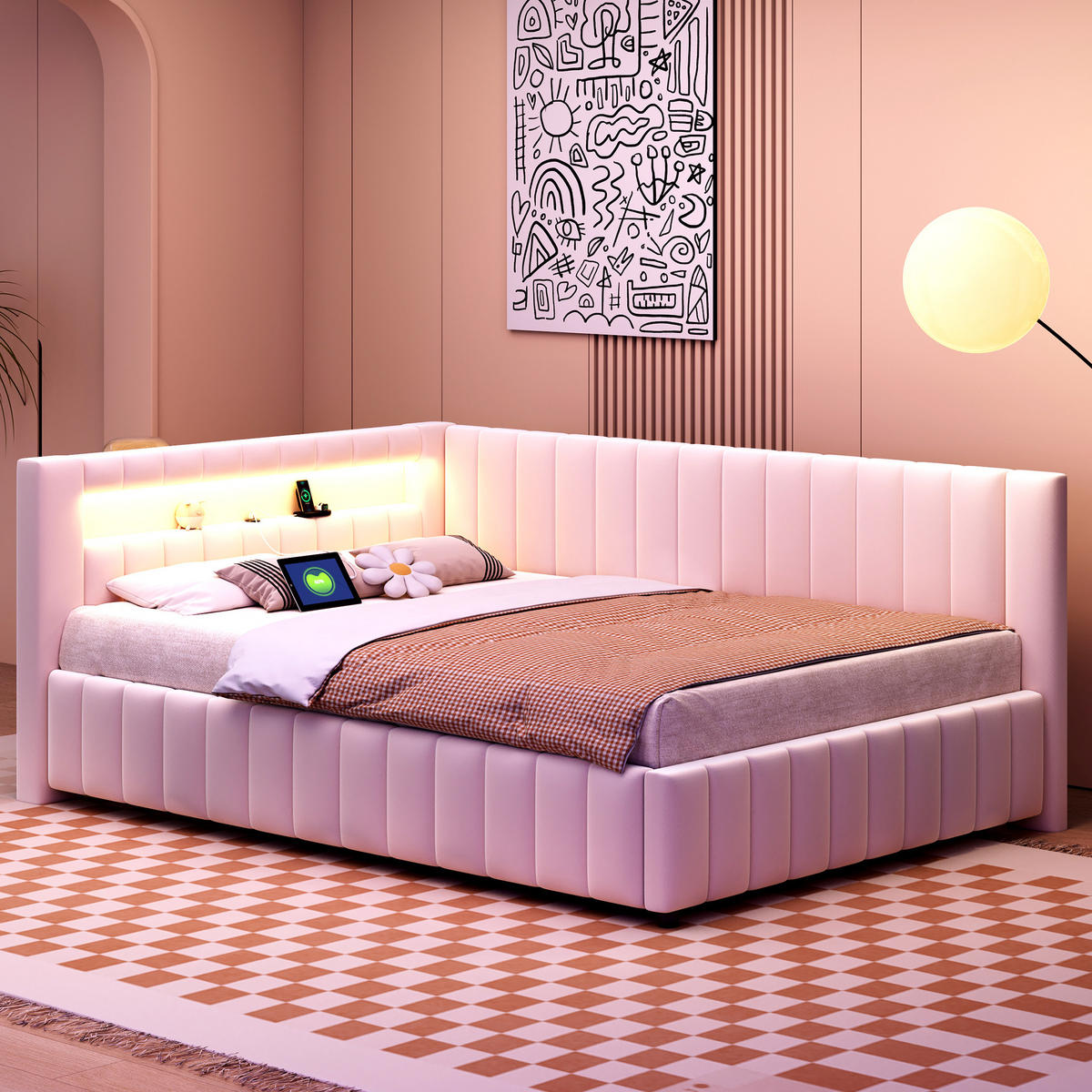 ČALÚNENÁ posteľ zo zamatu 140x200 cm béžová s LED osvetlením, USB portom a L-kovým dizajnom - béžová, textil (140/200cm) - Modfu