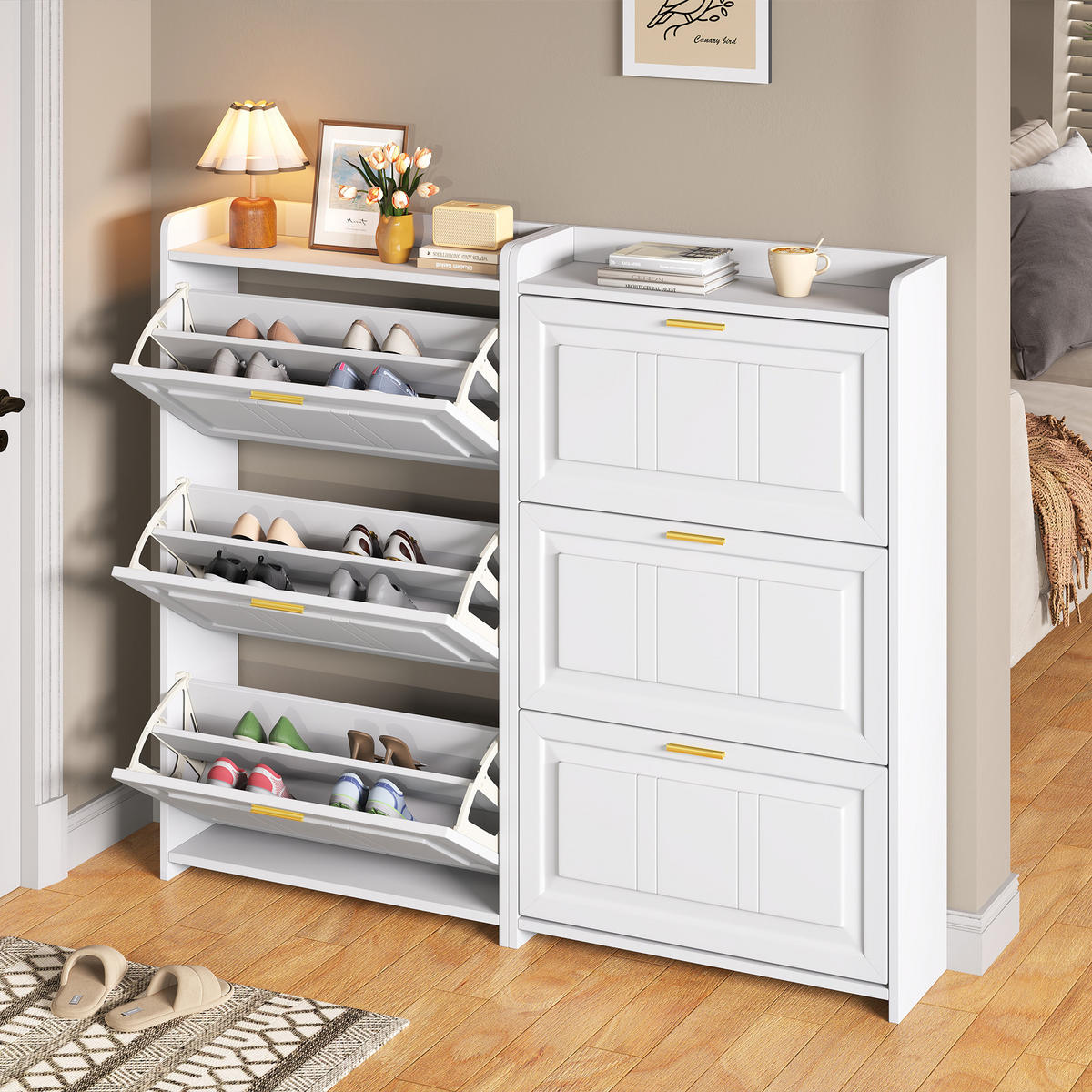 SCHUHSCHRANK in Weiß Schuhkommode mit 6 Fächern, platzsparende Schuhorganisation für Flur, Wohnzimmer, B70/T24/H120cm - Weiß, Holzwerkstoff (140/120/24cm) - STILVORA
