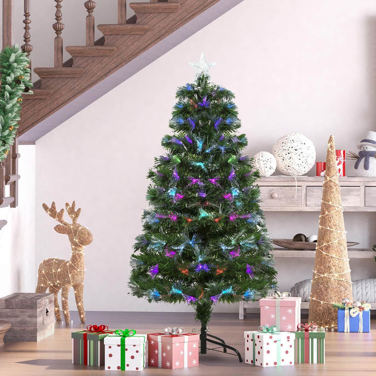 WEIHNACHTSBAUM 1,2 m Christbaum 130 Zweige Metallfuß mehrfarbige Lichteffekte - Grün, Kunststoff (120cm) - HOMCOM