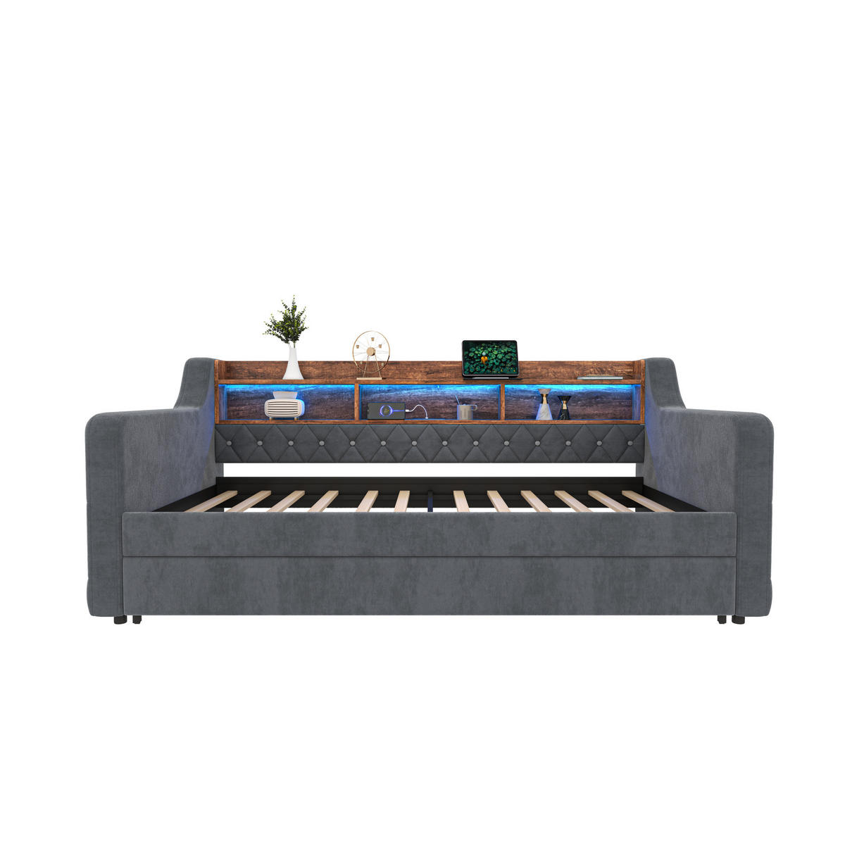 POLSTERBETT 90/180x190 cm aus Samt in Dunkelgrau mit LED und USB- und Type-C-Anschlüssen - Dunkelgrau, Textil (90/190cm) - Flora Grace