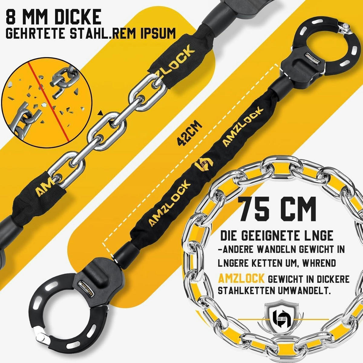 KETTENSCHLOSS für E-Scooter 8 mm Dicke mit Tasche und 3 Schlüsseln - Schwarz, Metall (15/13/30cm)