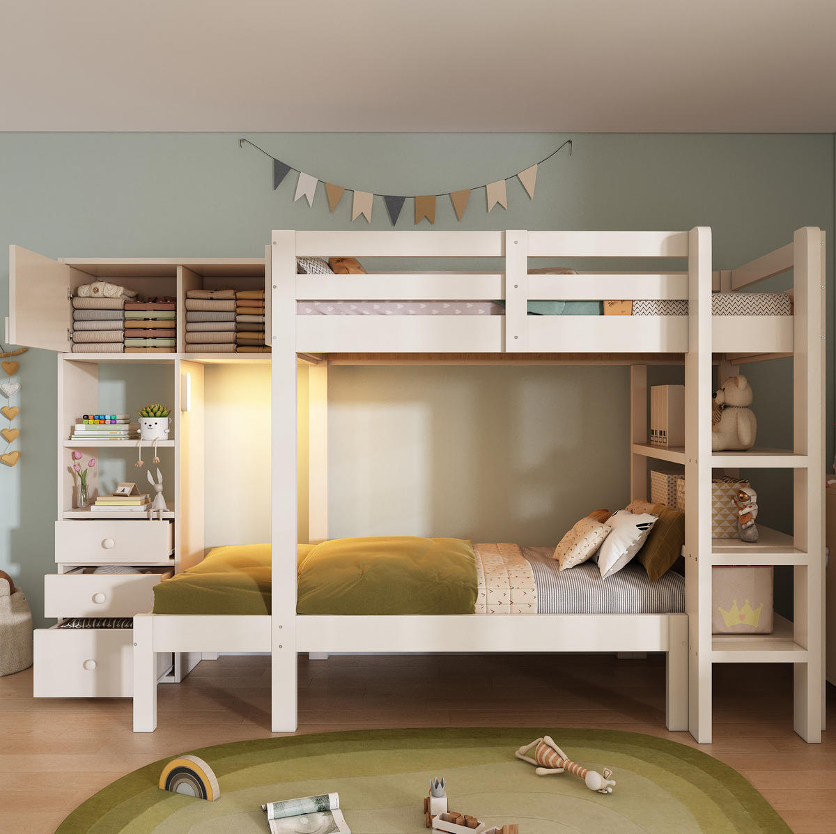 ETAGENBETT aus Massivholz und MDF 90x200 cm Weiß mit Schrank, Regalen und Schubladen - Weiß, Metall (90/200cm) - IVMEU