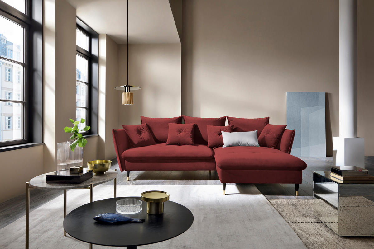 ECKSOFA GLAM mit Schlaffunktion, Ottomane & goldenen Füßen – Samtsofa im Glamour-Stil mit Zierkissen, 258x167x91 cm, rechte, burgunderrot​ - Bordeaux, Holz/Textil (258/167cm) - DomoHome