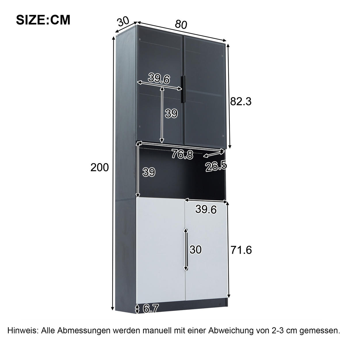 VITRINE 80/30/200 cm in Weiß mit Glastüren und LED-Beleuchtung - Weiß, Holzwerkstoff (80/200/30cm) - Flora Grace