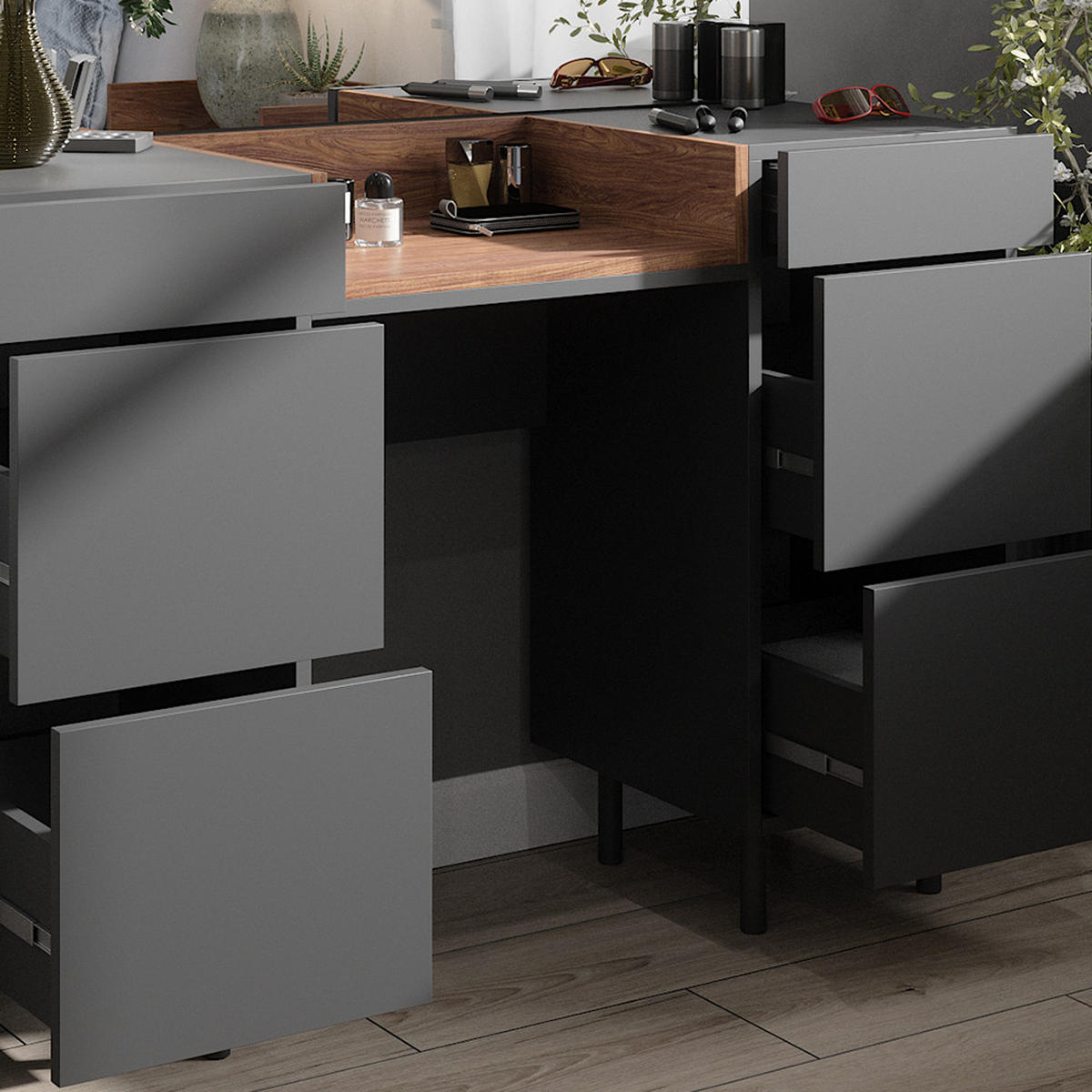 SCHMINKTISCH Anika Anthrazit 120 cm mit Spiegel - Anthrazit/Walnussfarben, Holzwerkstoff (120/80/40cm) - Vicco