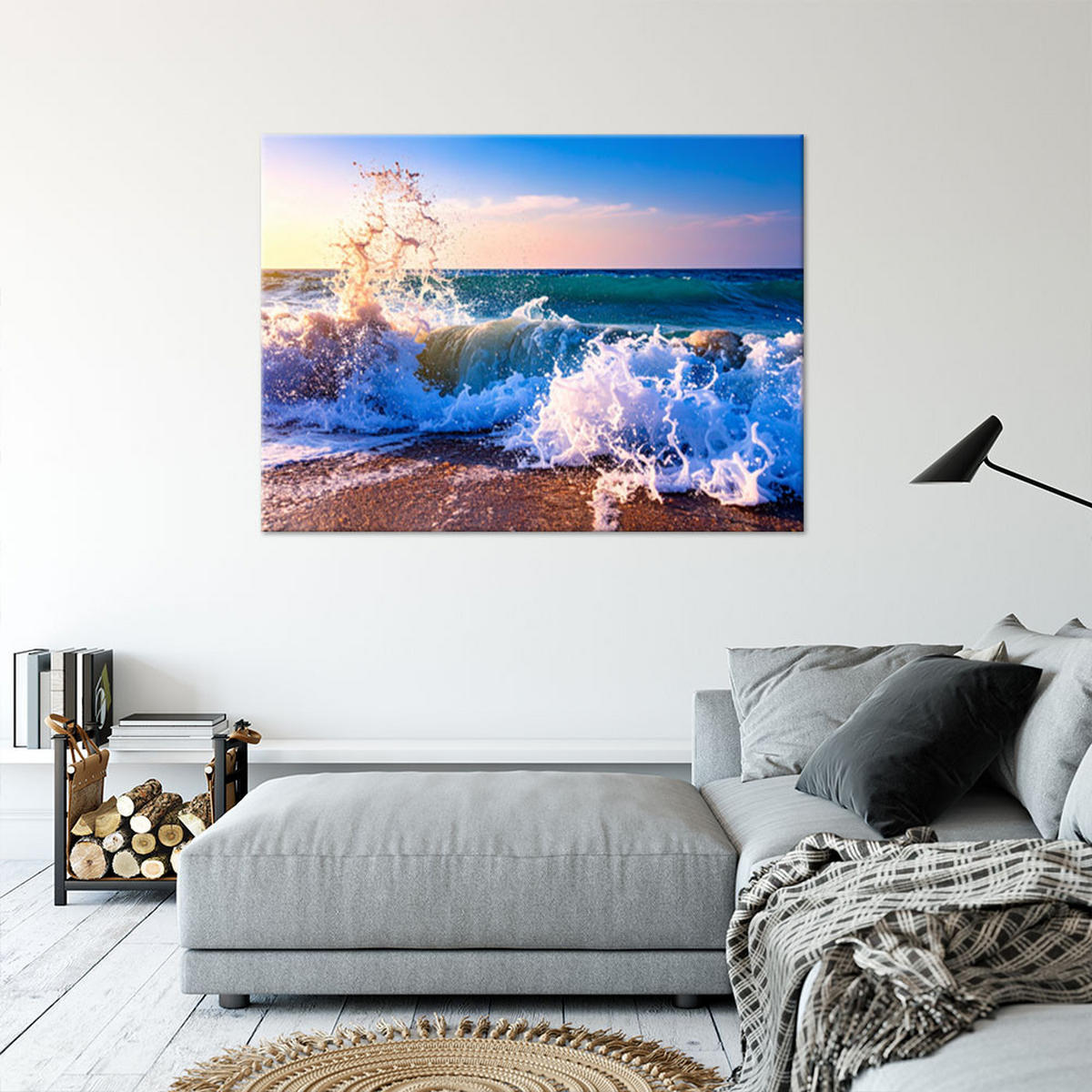WANDBILD, Meereswellen an einem Sandstrand - Blau, Textil (100/70cm) - Feeby