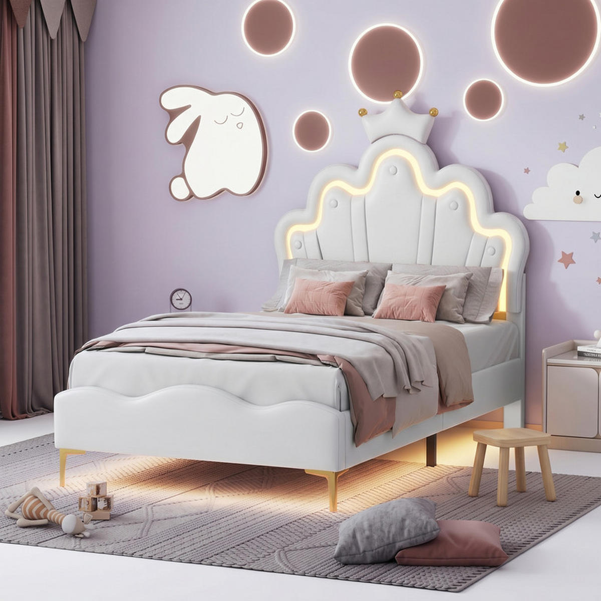 KINDERBETT 90/200 cm weiß mit LED - Weiß, Holz