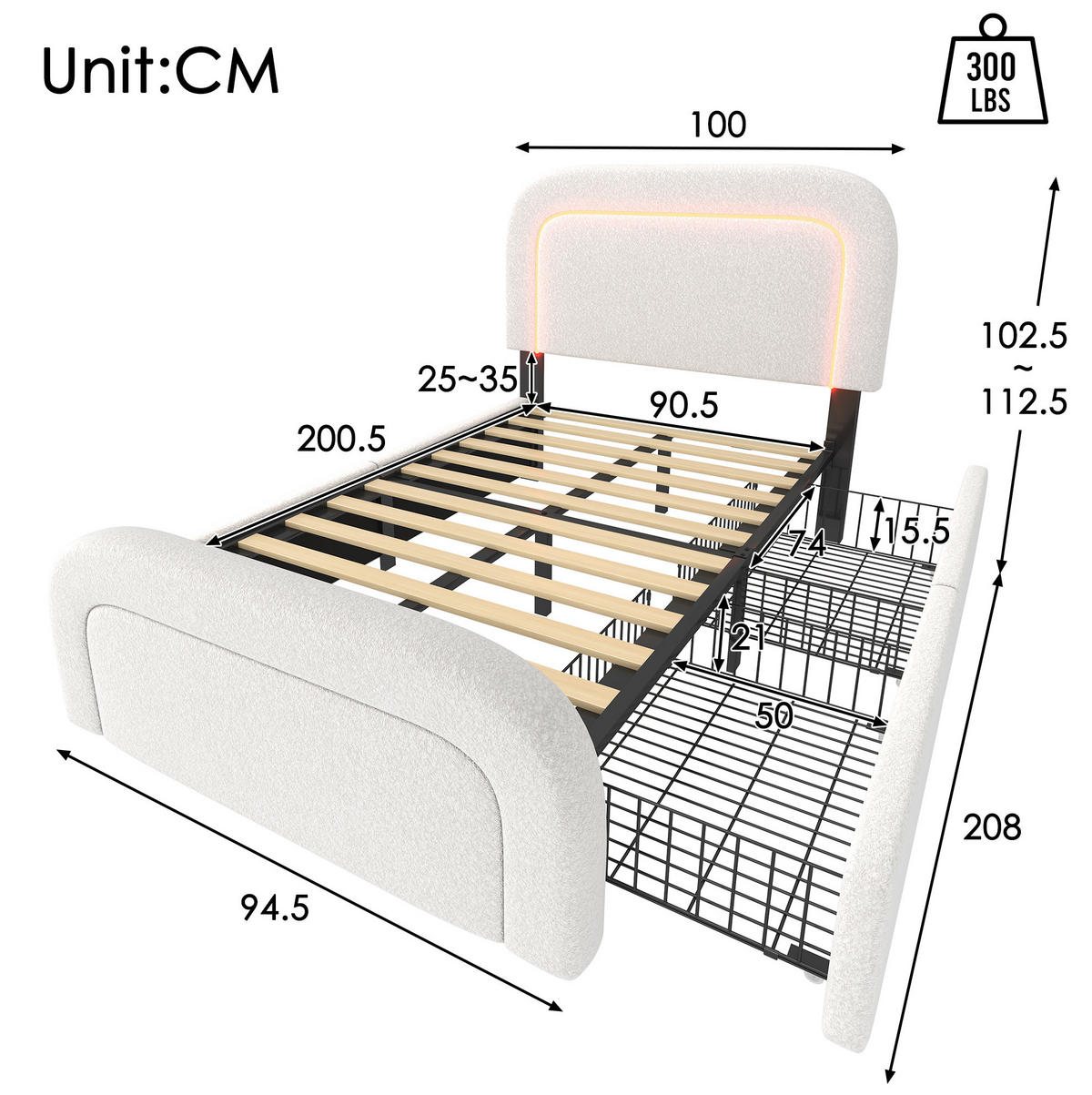 BETT mit USB, LED und 2 Schubladen 90x200 cm Sherpa Weiß - Weiß, Metall (90/200cm) - Meubliv