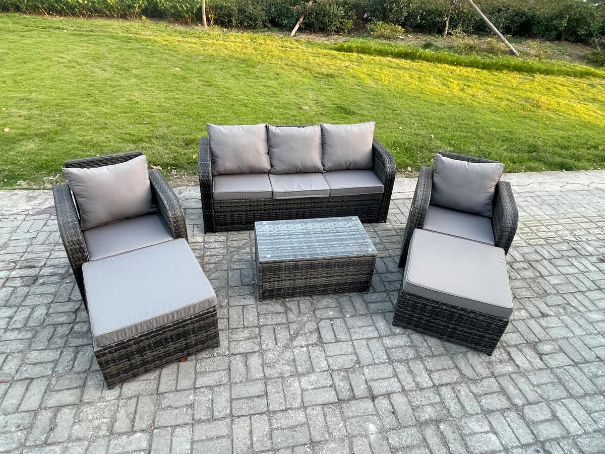 GARTENMÖBELGARNITUR mit KISSEN Polyrattan Dunkelgrau 7-Sitzer - Dunkelgrau/Grau, Glas/Kunststoff - Fimous