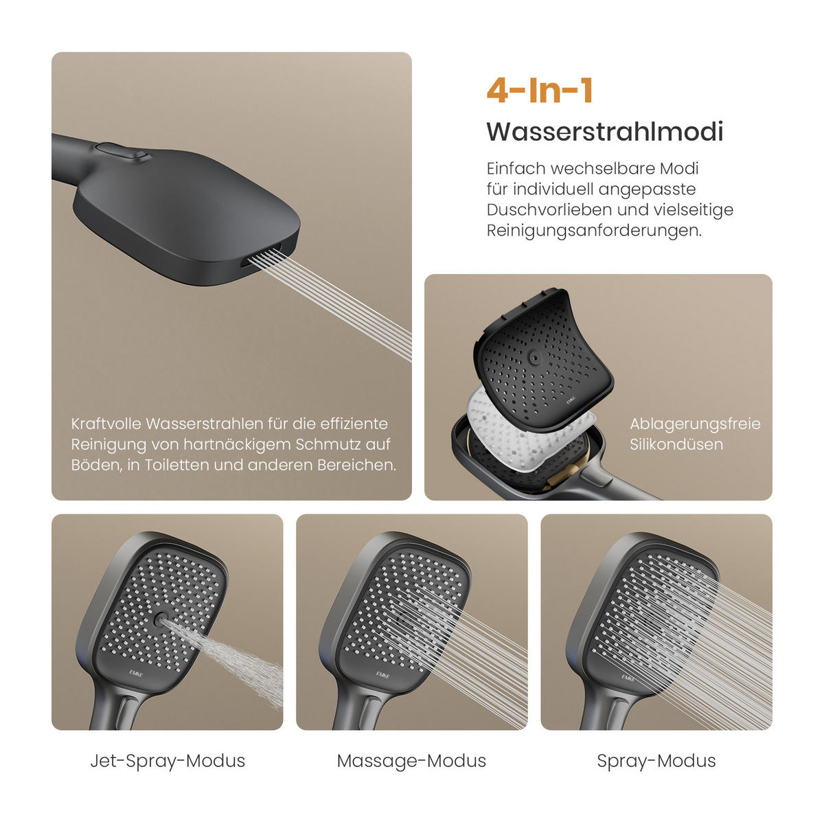 ÜBERKOPFBRAUSESET mit Thermostat Einstellbarer Durchfluss 4-Strahl Anthrazit Matt - Anthrazit, Metall (40.2/105/57.3cm) - EMKE