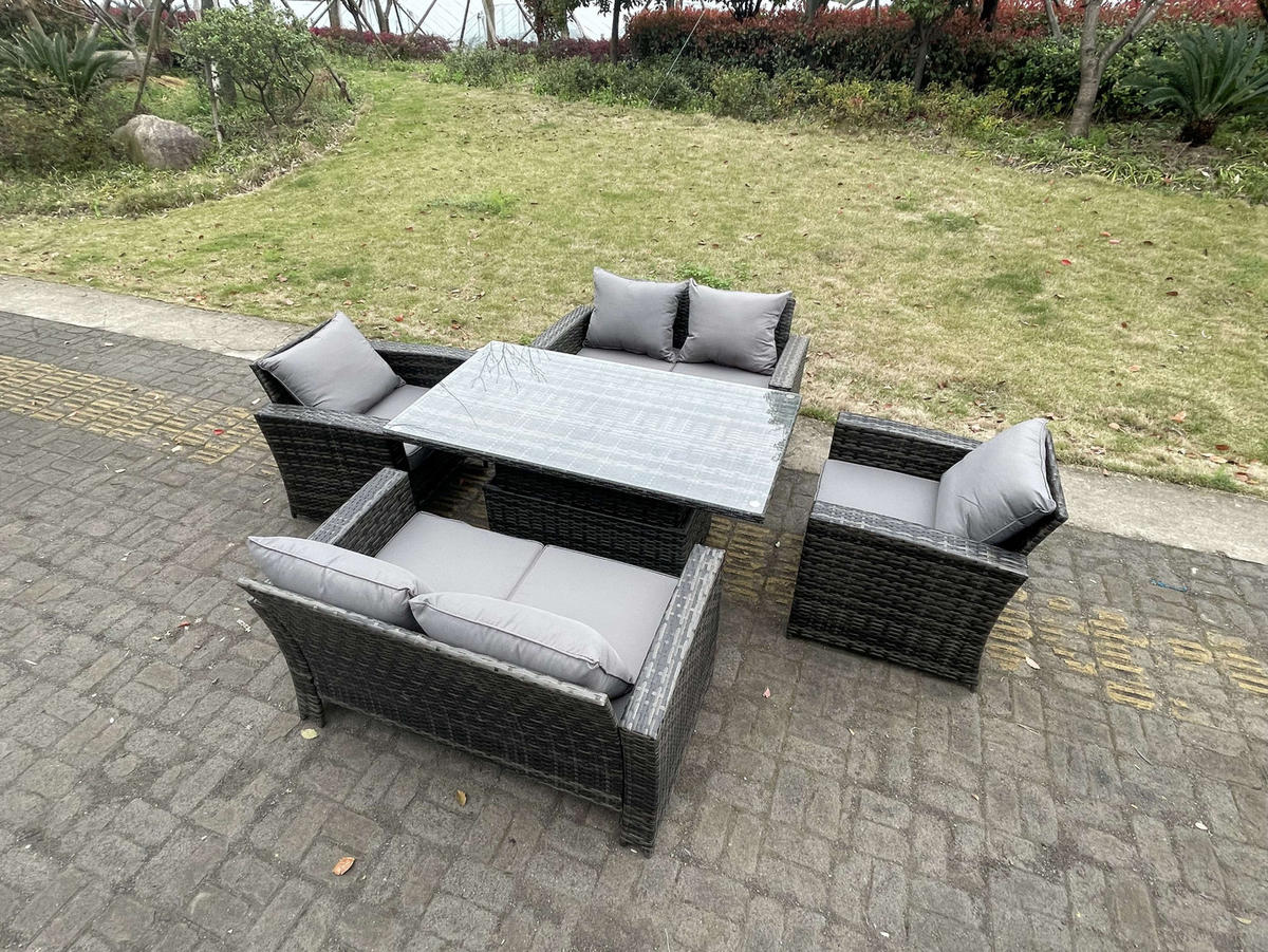 GARTENMÖBEL-SET HÖHENVERSTELLBARER ESSTISCH SESSEL SOFA Polyrattan Dunkelgrau Gemischt 6-Sitzer - Dunkelgrau, Metall - Fimous