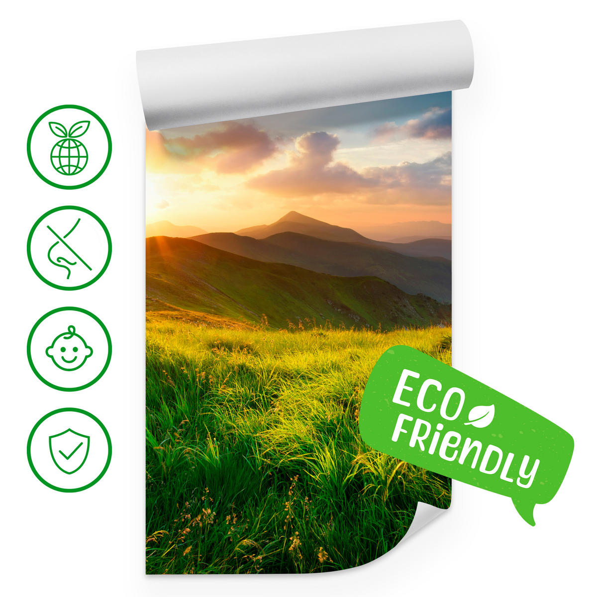 FOTOTAPETE für Wohnzimmer Sonnenuntergang Berge Wiese Gras 400x280 - Gelb/Beige, Papier (400/280cm) - Muralo