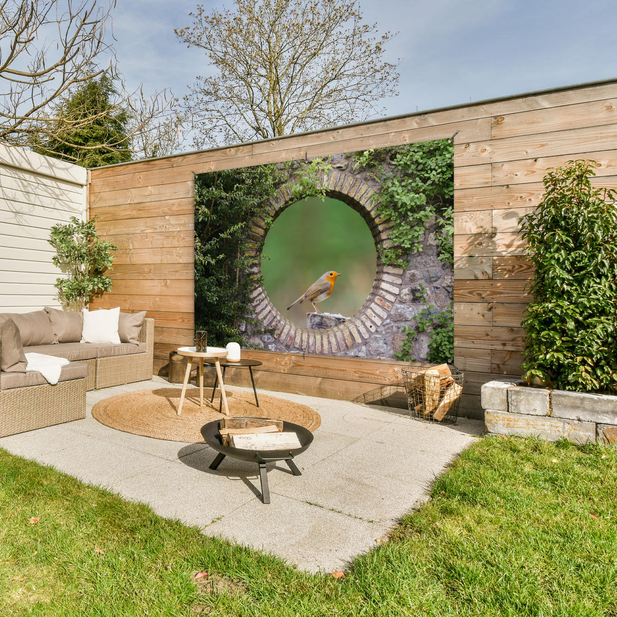 ZAHRADNÍ PLAKÁT Pták - průhled - Robin 180x120 cm - zelená barva, plast (180/120/0.2cm) - OnlyWow