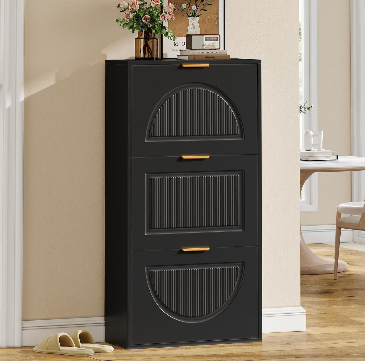 SCHUHSCHRANK mit 3 Klappen 60 x 24 x 114 cm MDF Schwarz - Schwarz, Holz (24/114/60cm) - Beauniv
