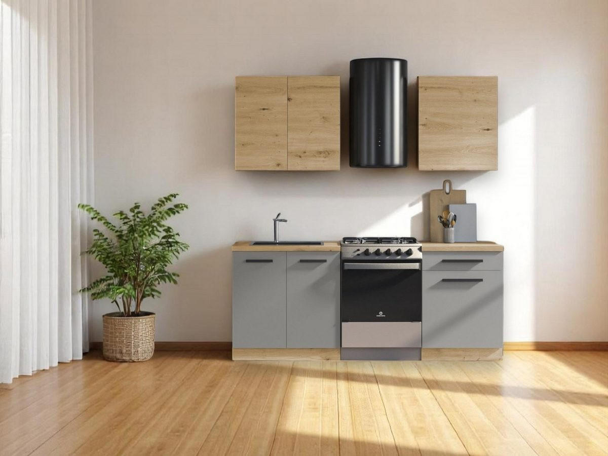 KÜCHENZEILE 140 cm - Langen K15-M140 - in Artisan Eiche / Beige - Beige/Schwarz, Holz/Holzwerkstoff (140/210/47cm)