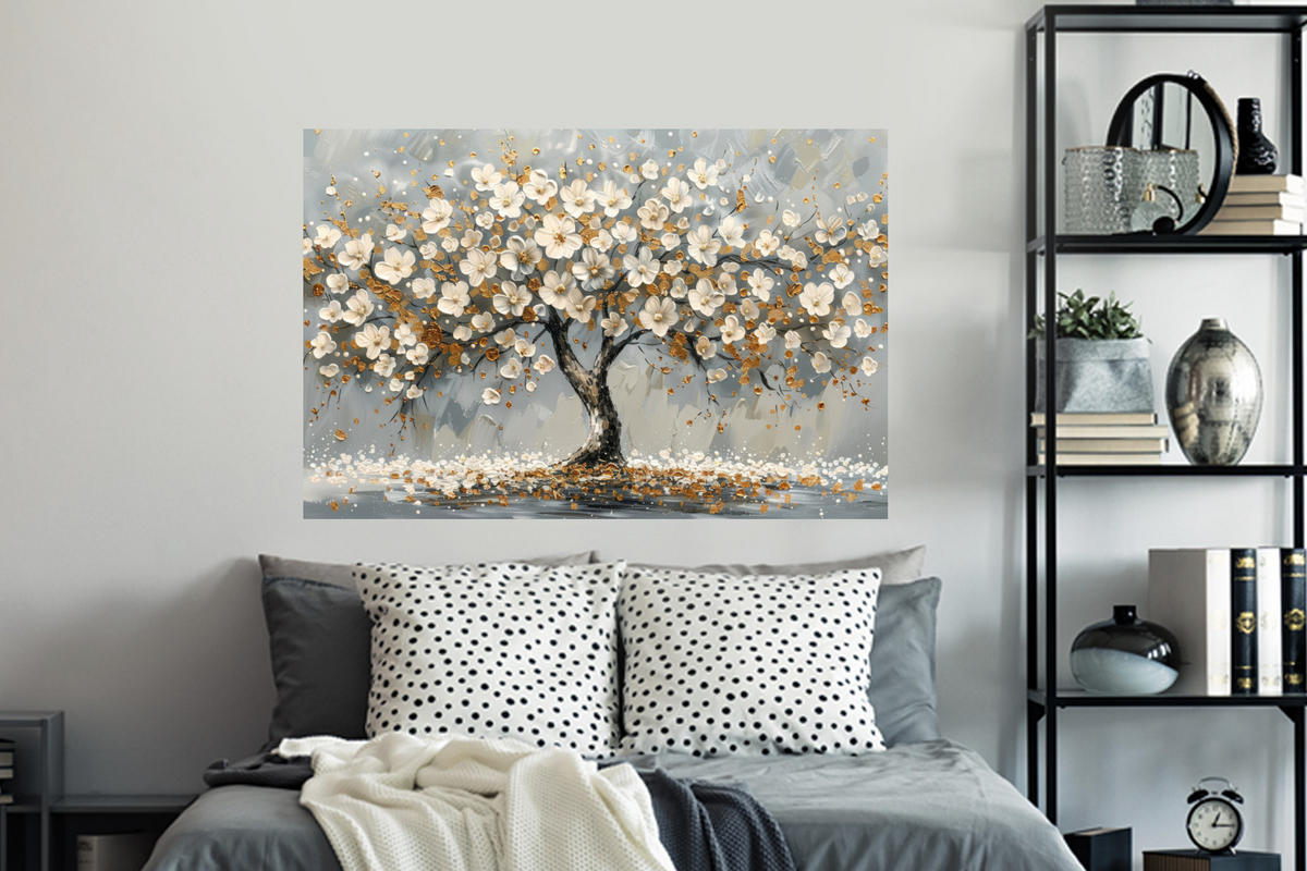 WANDTATTOO Baum - Blumen - Weiß - Natur - Kunst 120x80 cm - Weiß, Kunststoff (120/80/0.1cm) - MuchoWow