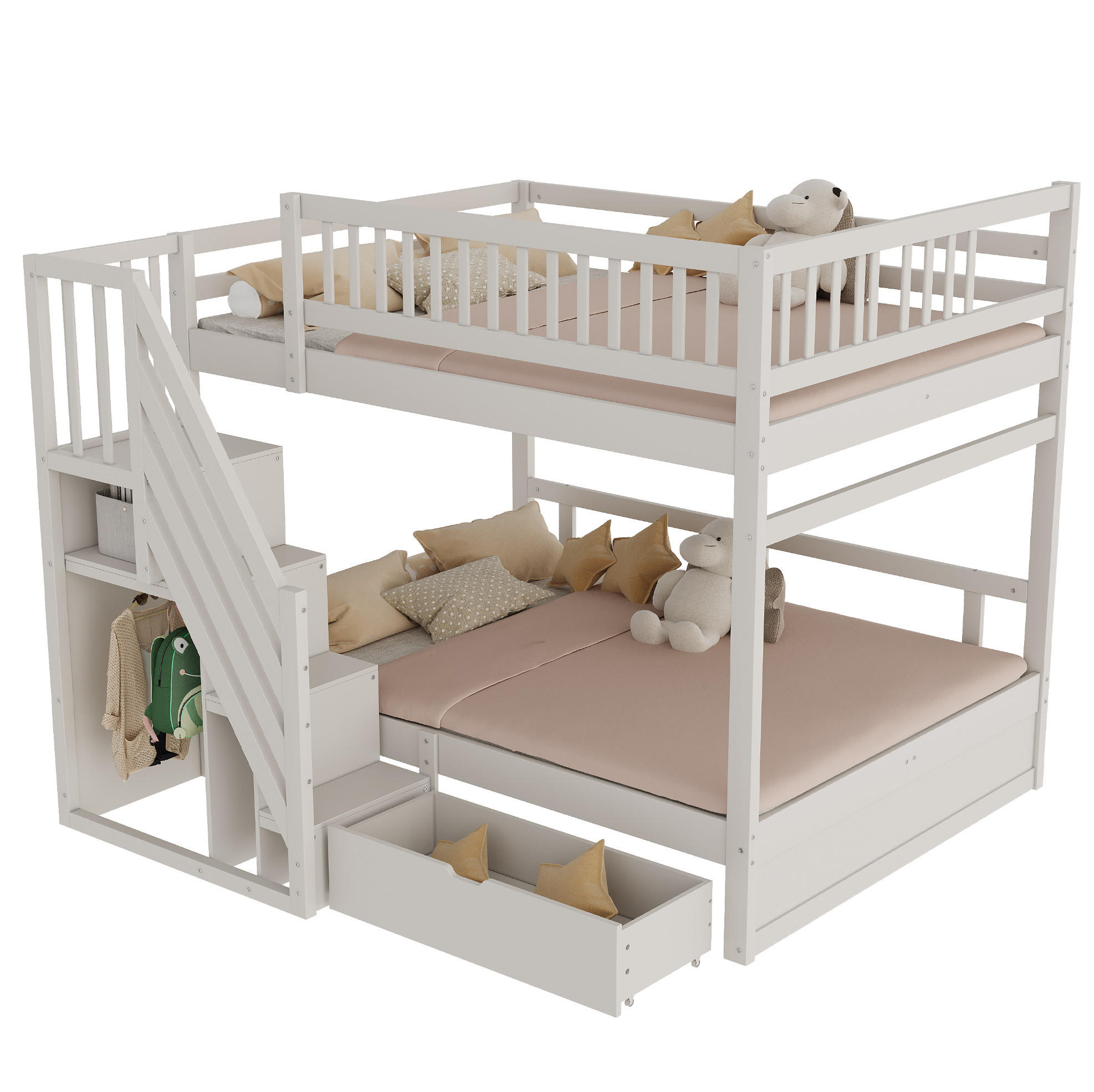 ETAGENBETT 140/200 cm mit Lattenrost, Stauraumtreppe und Schubladen, Weiß - Weiß, Holzwerkstoff (140/200cm) - Redom