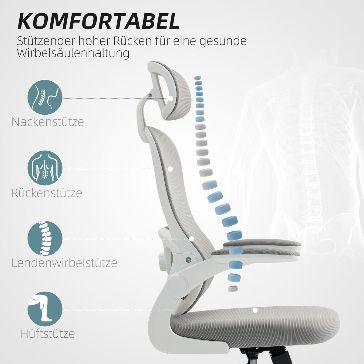 BÜROSTUHL Ergonomischer Schreibtischstuhl mit Hochklappbaren Armlehnen Grau - Weiß/Grau, Kunststoff/Textil (62/115/64cm) - HOMCOM