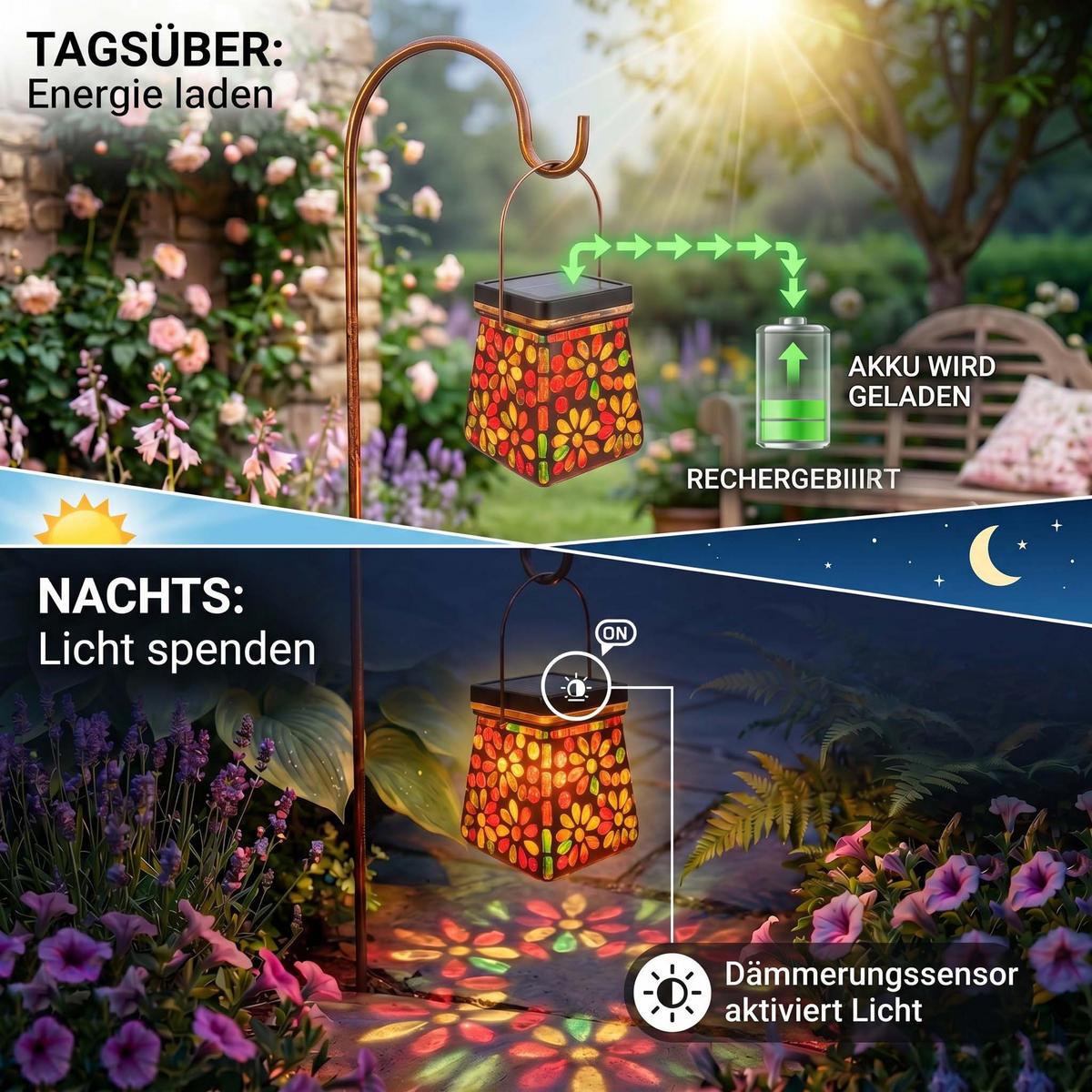 LED-SOLAR-MOSAIK-HÄNGELEUCHTE mit Dämmerungssensor Glas Ø14x43cm - Weiß, Glas (14/14/43cm) - Northpoint