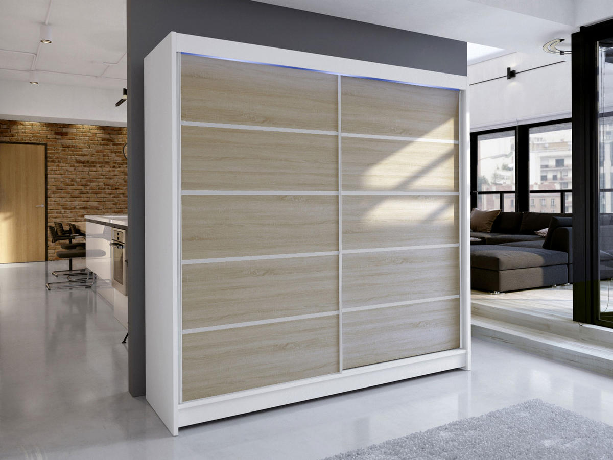 SCHWEBETÜRENSCHRANK Talin IV, mit RGB LED Beleuchtung - Beige/Silberfarben, Holzwerkstoff/Metall (180/215/58cm) - MIRJAN24