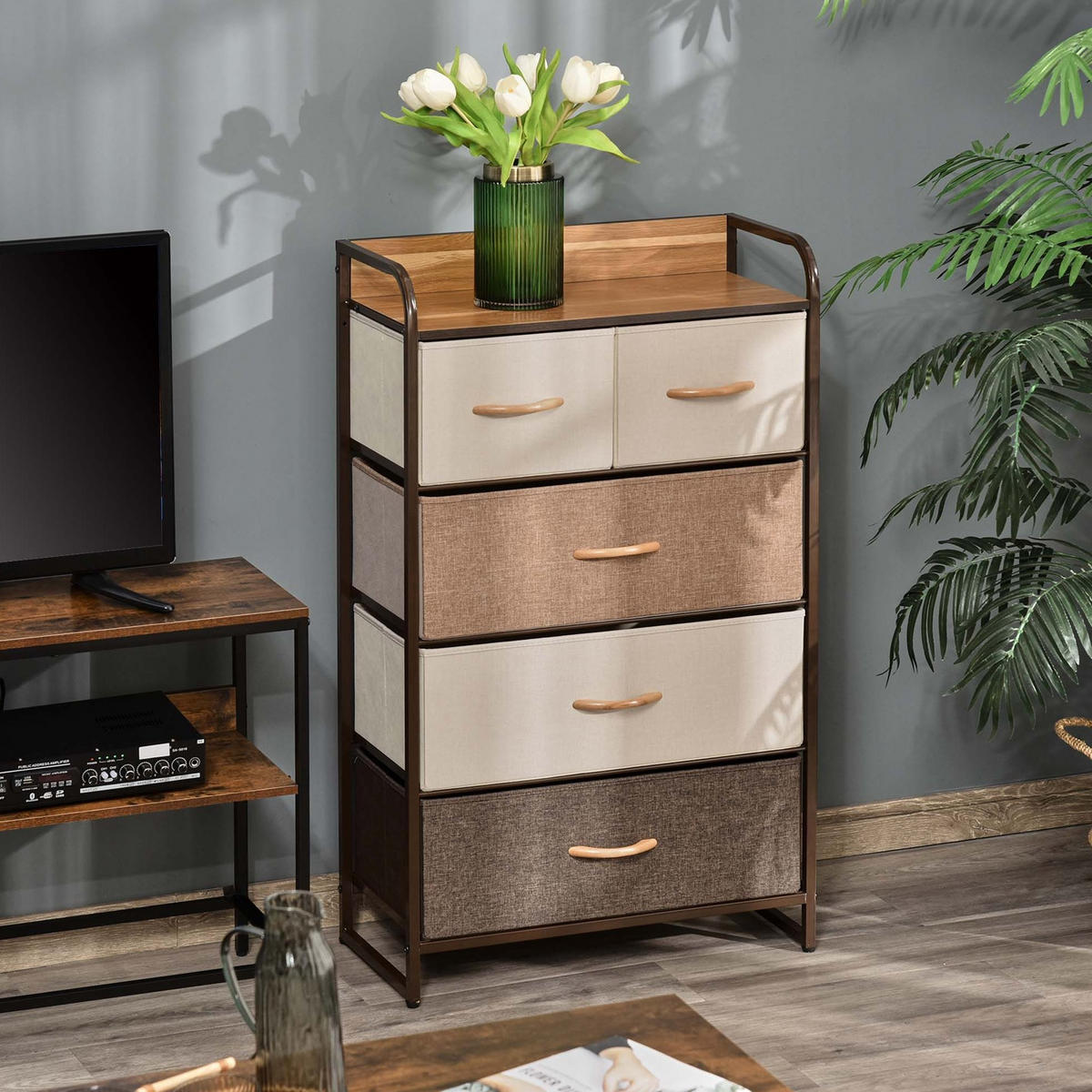 KOMMODE aus Leinen, Stahl und MDF 58x29x99 cm Mehrfarbig mit 5 Stoffschubladen und Kippschutz - Weiß, Textil (58/99/29cm) - IVMEU