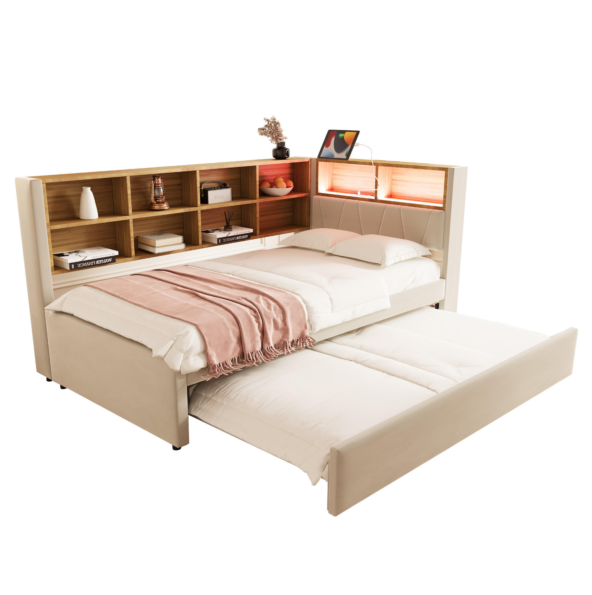 POLSTERBETT 90/200 cm Beige mit LED-Beleuchtung, Stauraum und USB- und Type-C-Anschlüssen - Beige, Textil (90/200cm) - Flora Grace